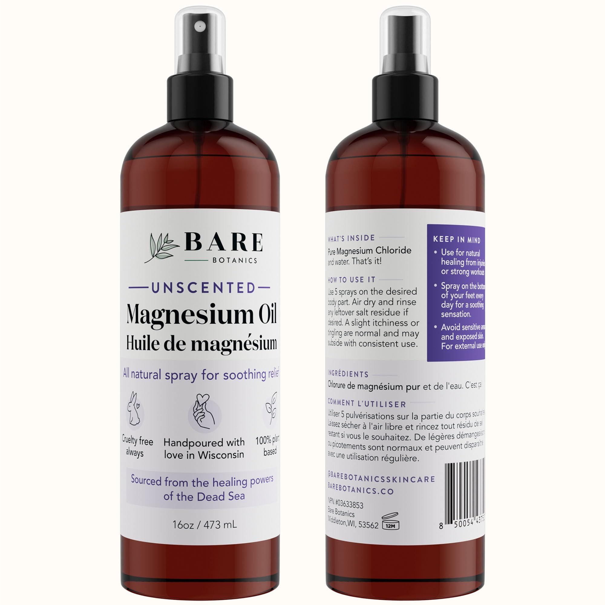 BARE BOTANICS Bare Botanics Unscented 16oz Pure Magnesium Oil Spray from The Dead Sea | Rapidly Absorbing | Handpoured in Madison, WI | Supports Sleep & Soothes Sore Muscles