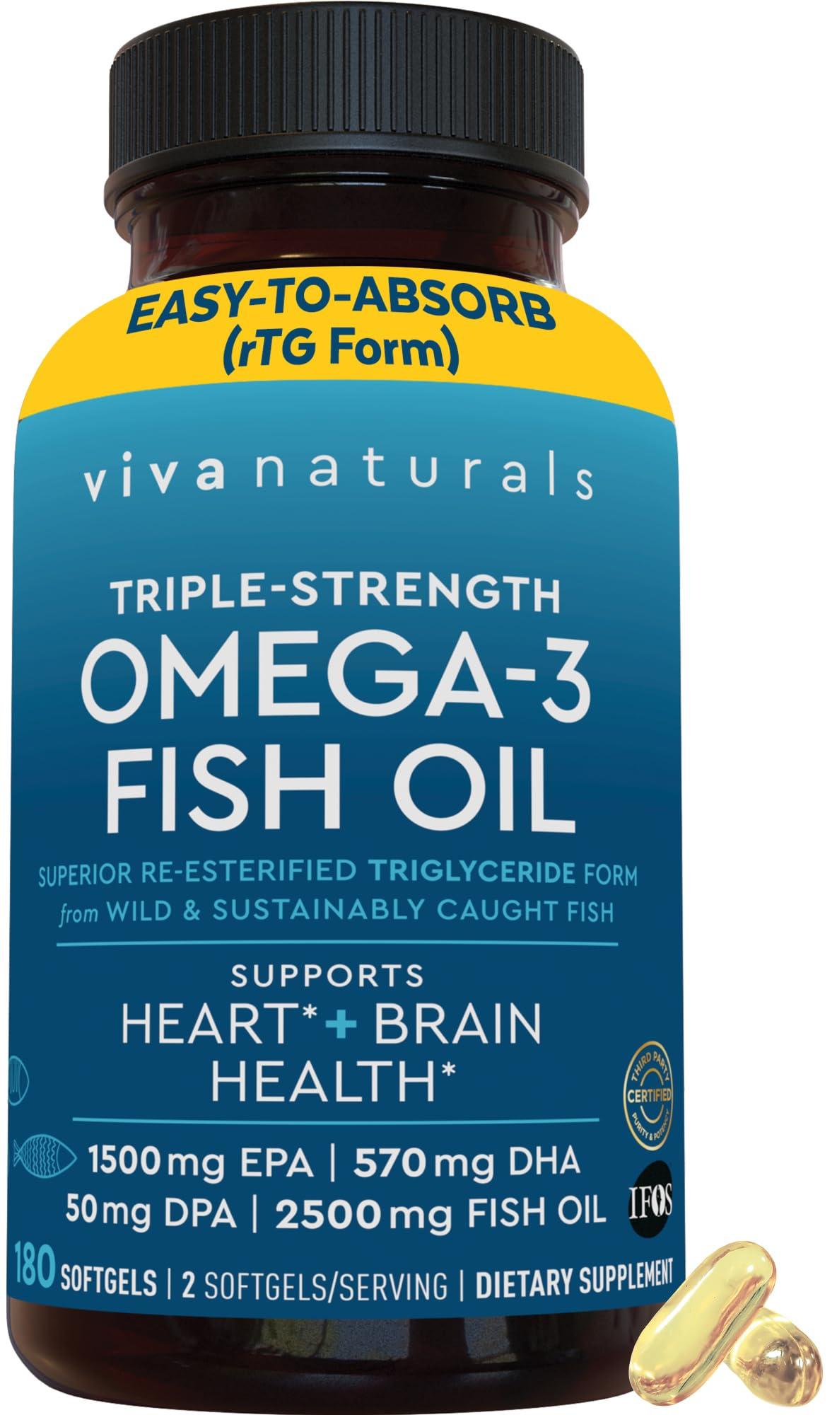 Viva Naturals Triple Strength Omega 3 Fish Oil Supplement for Men and Women 2500 mg High-Potency, Easy-to-Absorb Re-esterified Triglyceride Form, Pescatarian-Friendly DPA EPA DHA Omega 3 Supplement, 180 Softgels
