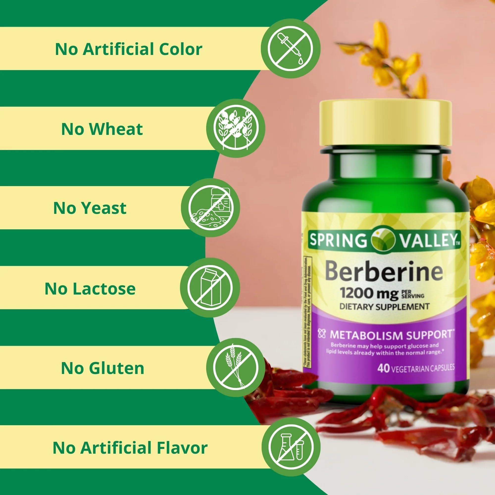 Generic Spring Valley Berberine Dietary Supplement - Metabolism Support - 1200mg Capsules, 40ct