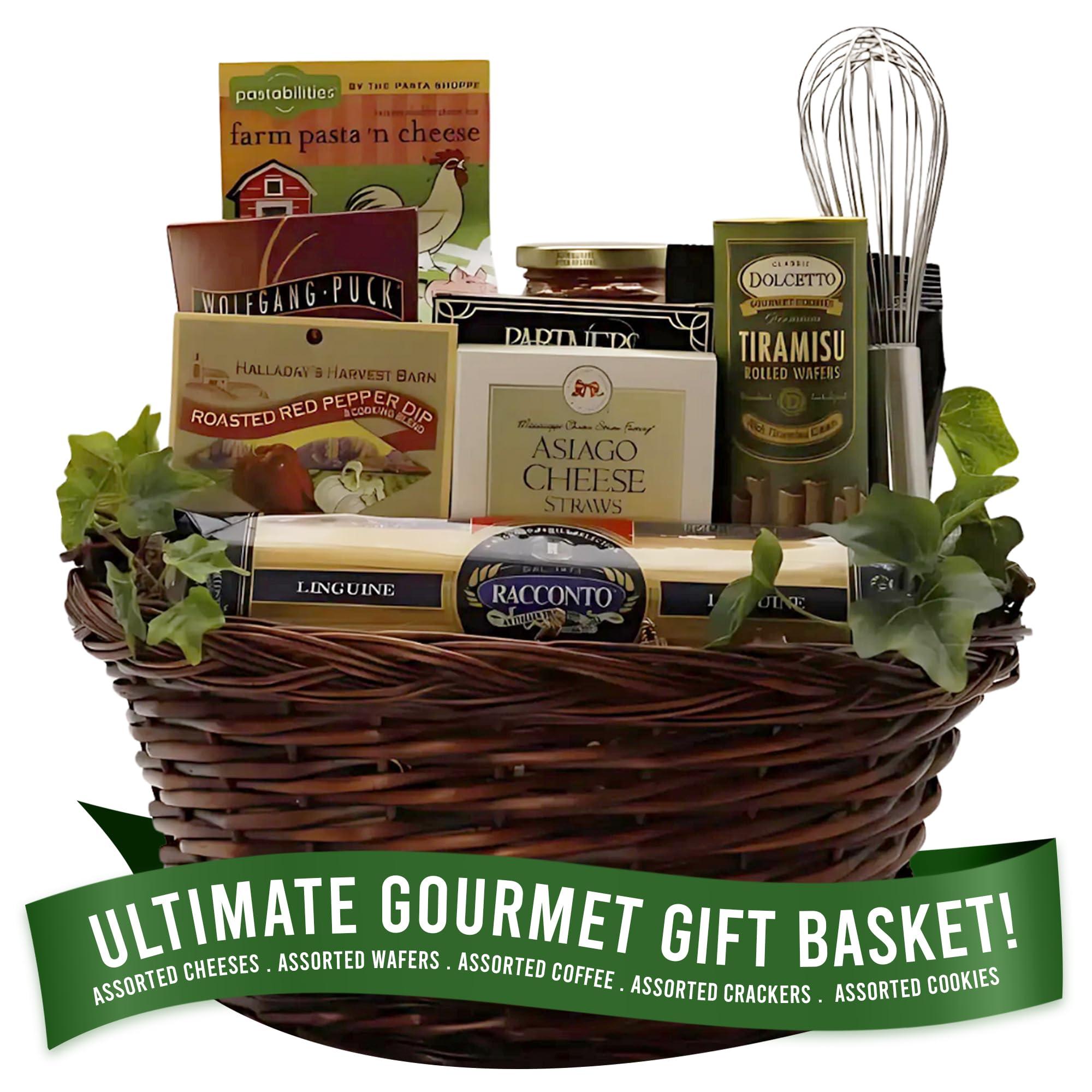 Gift Basket Village Gift Basket Village - Italian Themed Dinner for Two, Gourmet Pasta Assortment with Linquini, Dip Mix, Pasta Sauce, Pasta & Cheese Blend - Italian Food Basket, 12x8x12\", 4.44 lbs