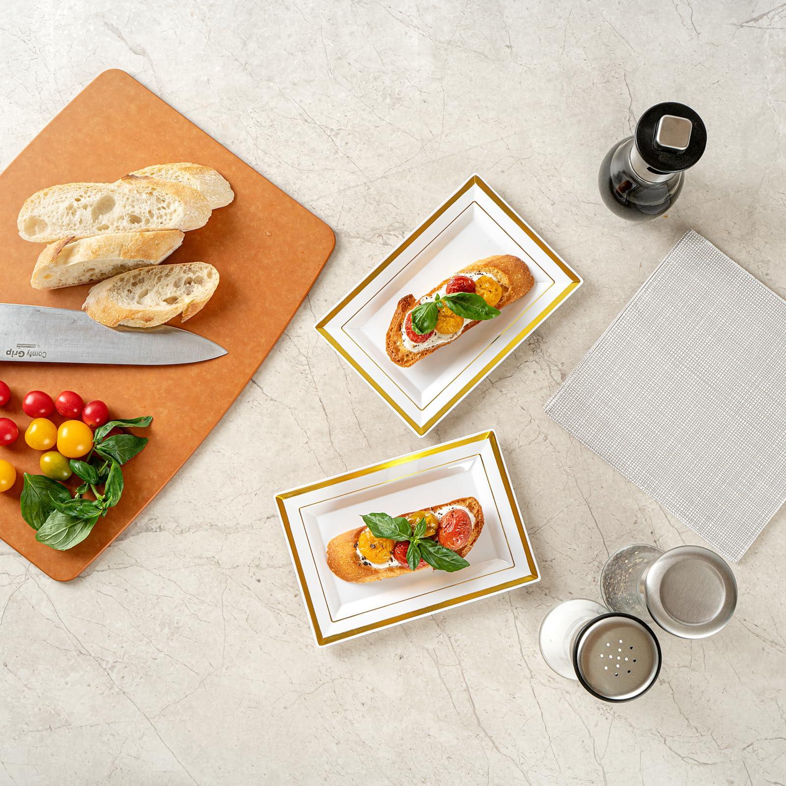 Restaurantware Restaurantware Moderna 7.5 x 5.3 Inch Premium Disposable Plates 10 Rectangular Plastic Plates For Parties - Gold-Rimmed Durable White Plastic Dinner Plates For Warm And Cold Foods