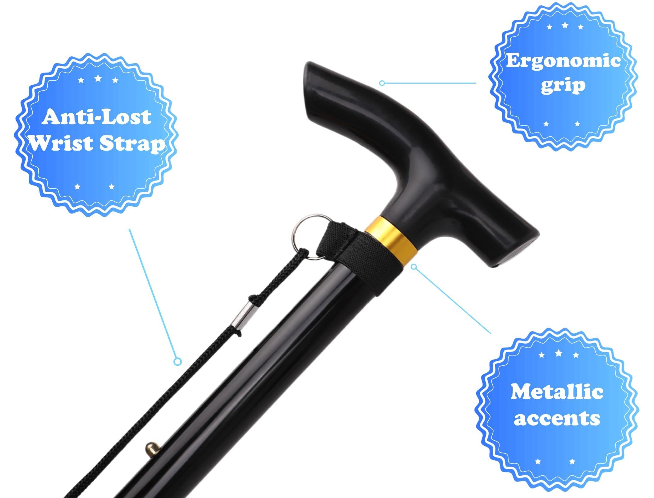 COMFKEY Comfkey Folding Lightweight Walking Stick - Adjustable Aluminum Metal Collapsible Travel Cane with Non-Slip Rubber Base (Black)