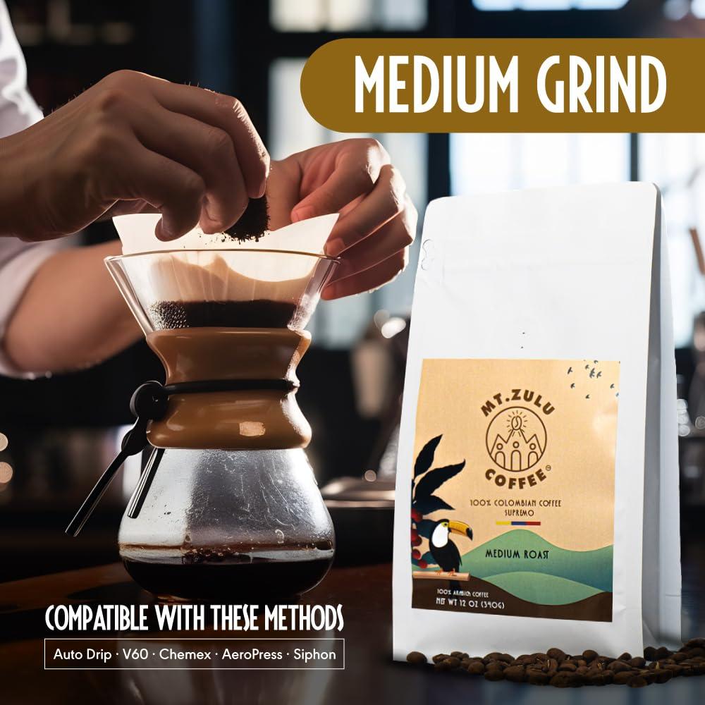 MT. ZULU COFFEE Mt. Zulu Colombian Supremo Ground Coffee, Medium Roast, Gourmet 83.5 Cupping Score, Hand-Roasted at Origin, 100% Arabica, Balanced Cup, 12 oz Bag