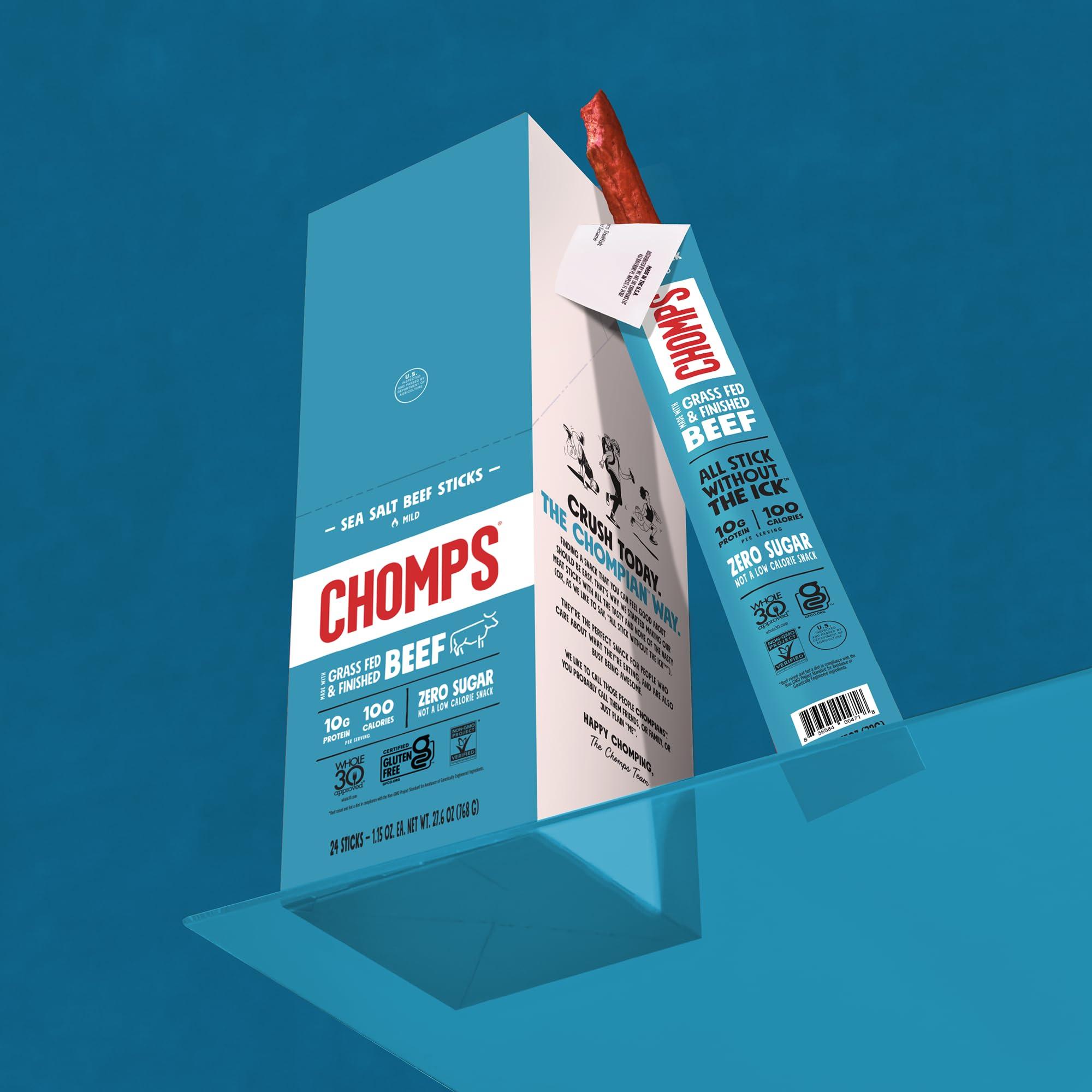 Chomps CHOMPS Grass Fed Sea Salt Beef Jerky Snack Sticks, Keto, Whole30, Paleo, Gluten Free, Sugar Free, Low Carb, AIP Diet Compliant, 1.15 Oz, Pack of 24