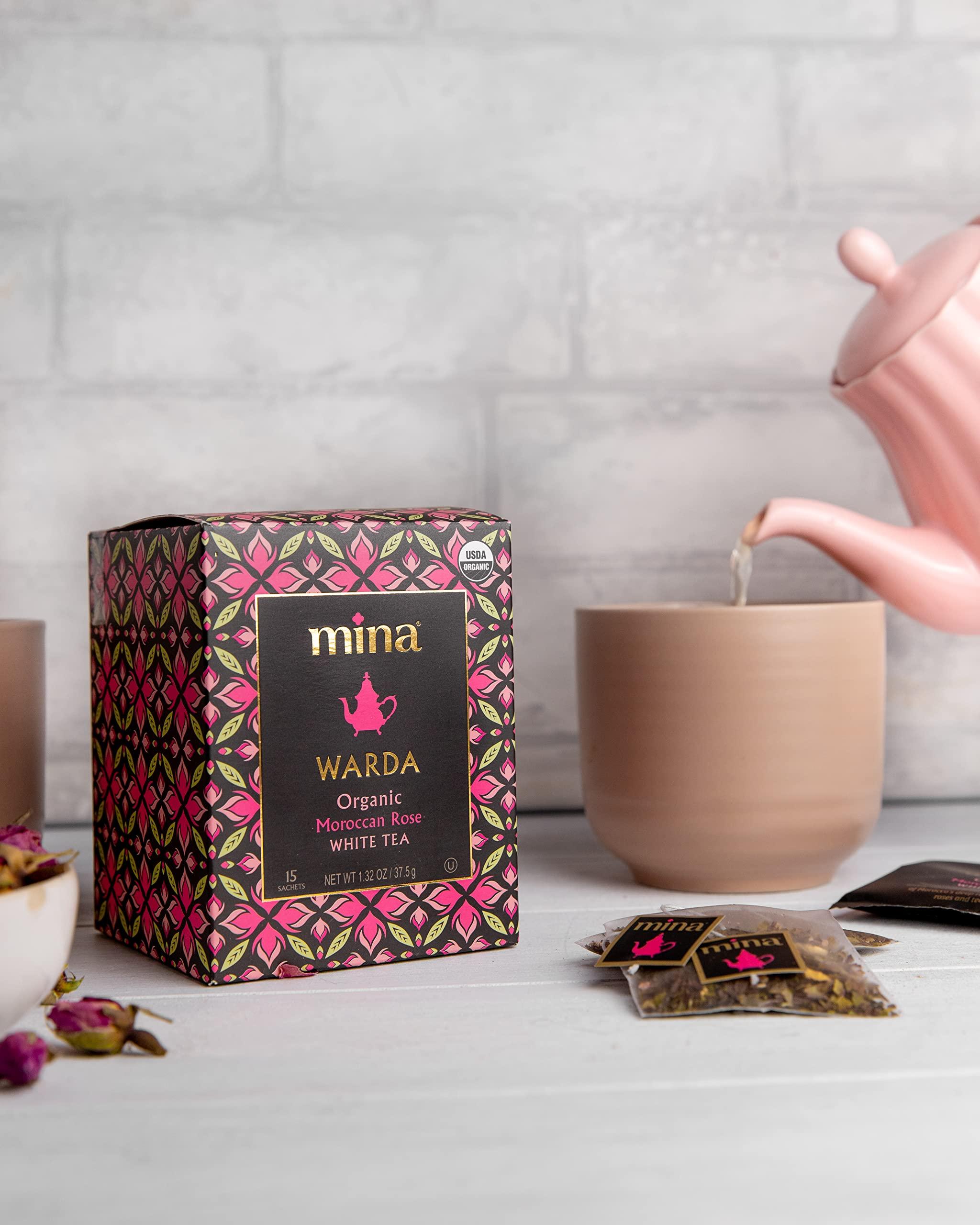 Mina Mina Warda Organic Moroccan Rose White Tea, 15 Biodegradable Sachets - Rose Tea Bags, White Tea with Moroccan Rose Petals, Organic White Tea Bags, Low Caffeine Tea