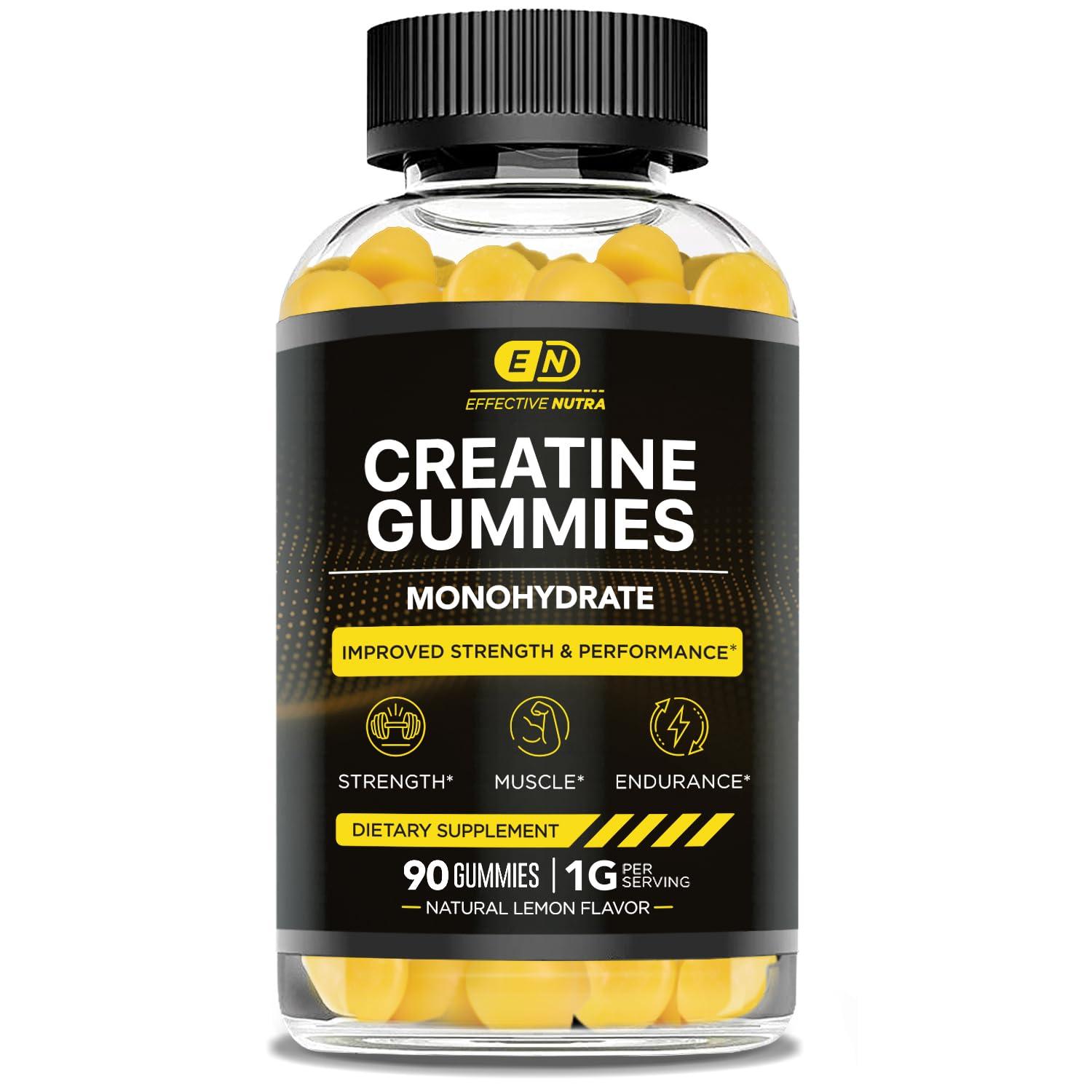 EFFECTIVE NUTRA EFFECTIVE NUTRA Creatine Monohydrate Gummies | 1g Per Gummy | Vegan Creatine Gummies Supplement for Men & Women | Strength, Muscle Growth, Energy, Endurance | Natural Lemon Flavor, Made in USA (90ct)