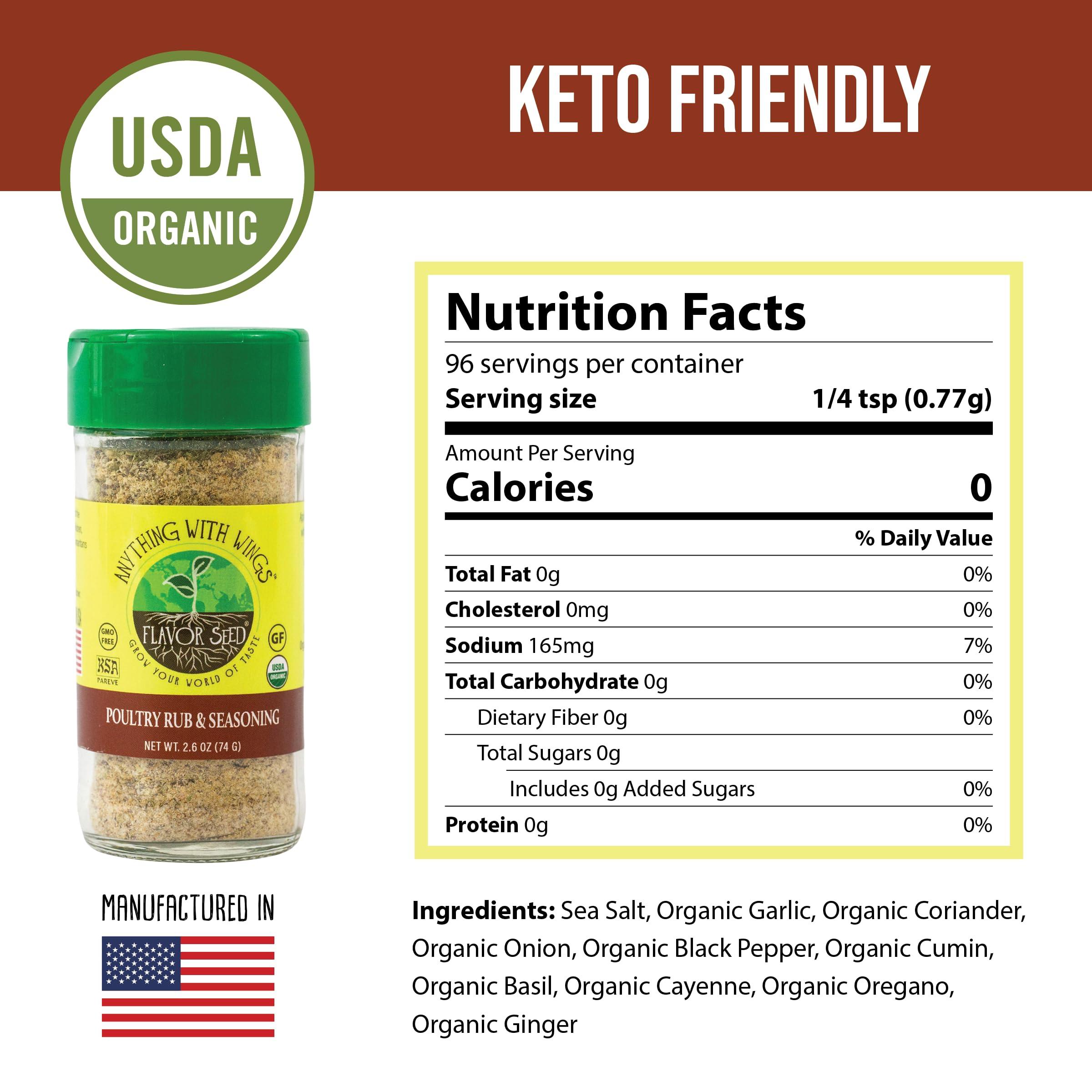 Flavor Seed Flavor Seed Organic Poultry Seasoning, Anything With Wings, Carnivore & Keto Chicken Rub & Wing Dust for Turkey, Quail, Duck. No Sugar, Preservative Free, Certified Organic, Kosher, 2.6 oz Shaker Jar