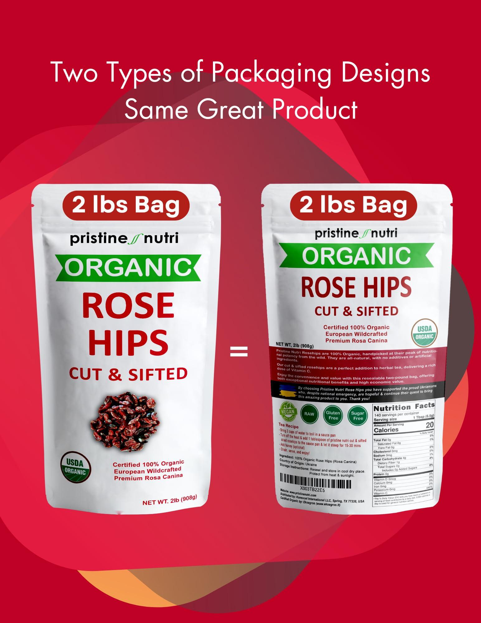pristine nutri 2 lb (32 oz) Rose Hips Dried Organic Bulk, Organic Rosehips Cut & Sifted, 95% Seedless, European All Natural, Rosehips Dried Organic Bulk, Makes 140 Cups of Vitamin C Rich Tea (packaging may vary)