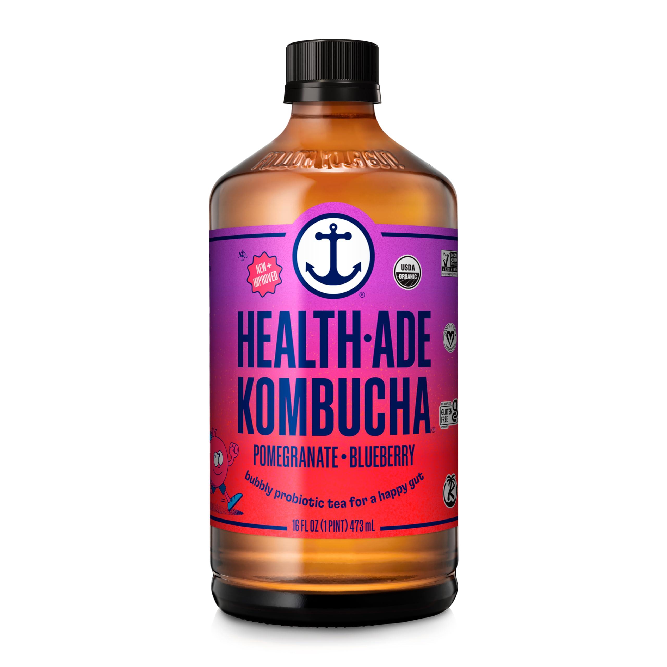 Health-Ade Health-Ade Kombucha Tea Organic Drink, Fermented Tea with Living Probiotics, Detoxifying Acids, Supports Gut Health, Non-GMO, Vegan, Gluten Free, 12 Pack (16 Fl Oz Bottles), Pomegranate Blueberry