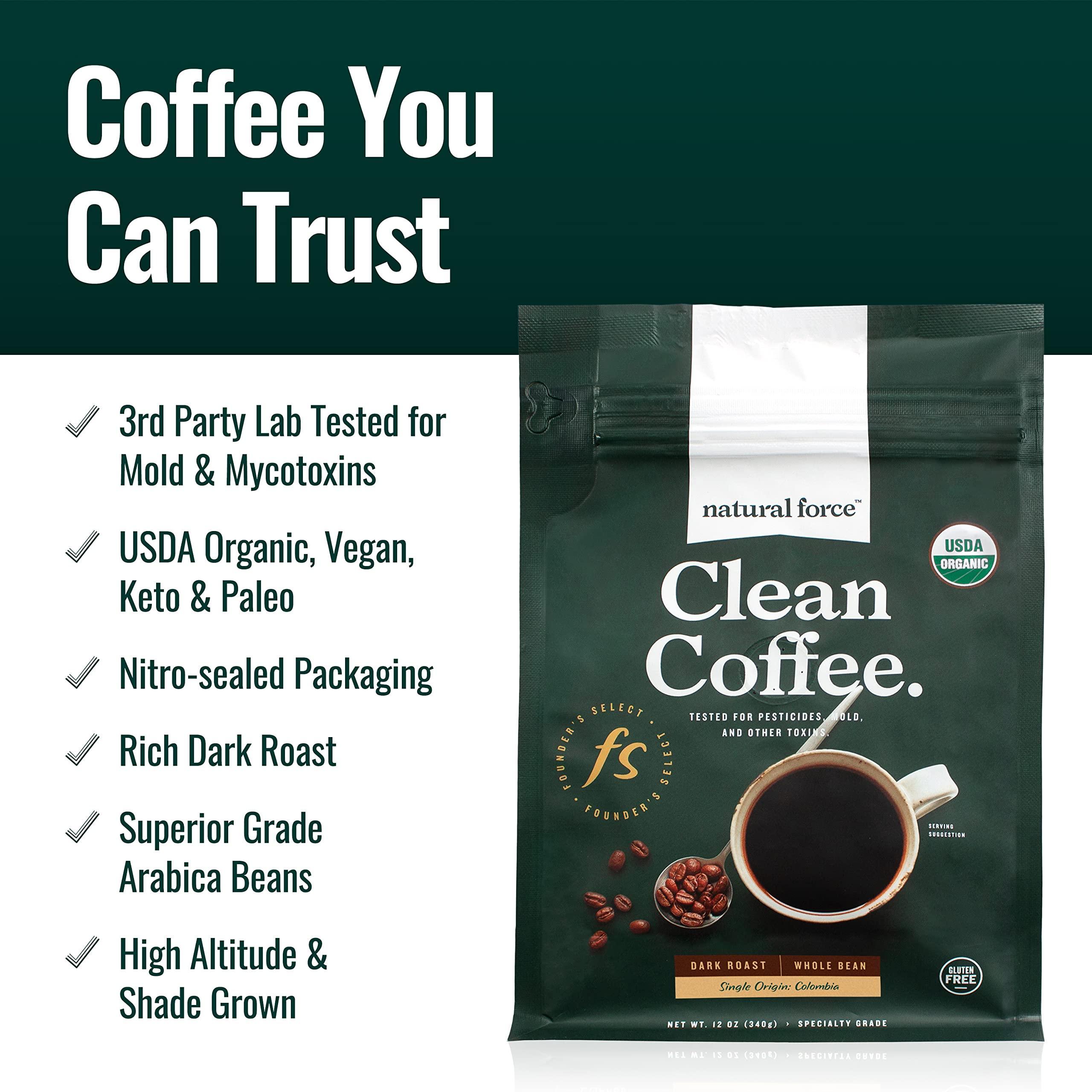 Natural Force Natural Force Clean Coffee Dark + Medium Roast Bundle - Organic, Mold Free, Whole Bean Coffees Tested for Toxins and Powered by Purity – Great Taste + Aroma - 2x 12 Ounce Bags