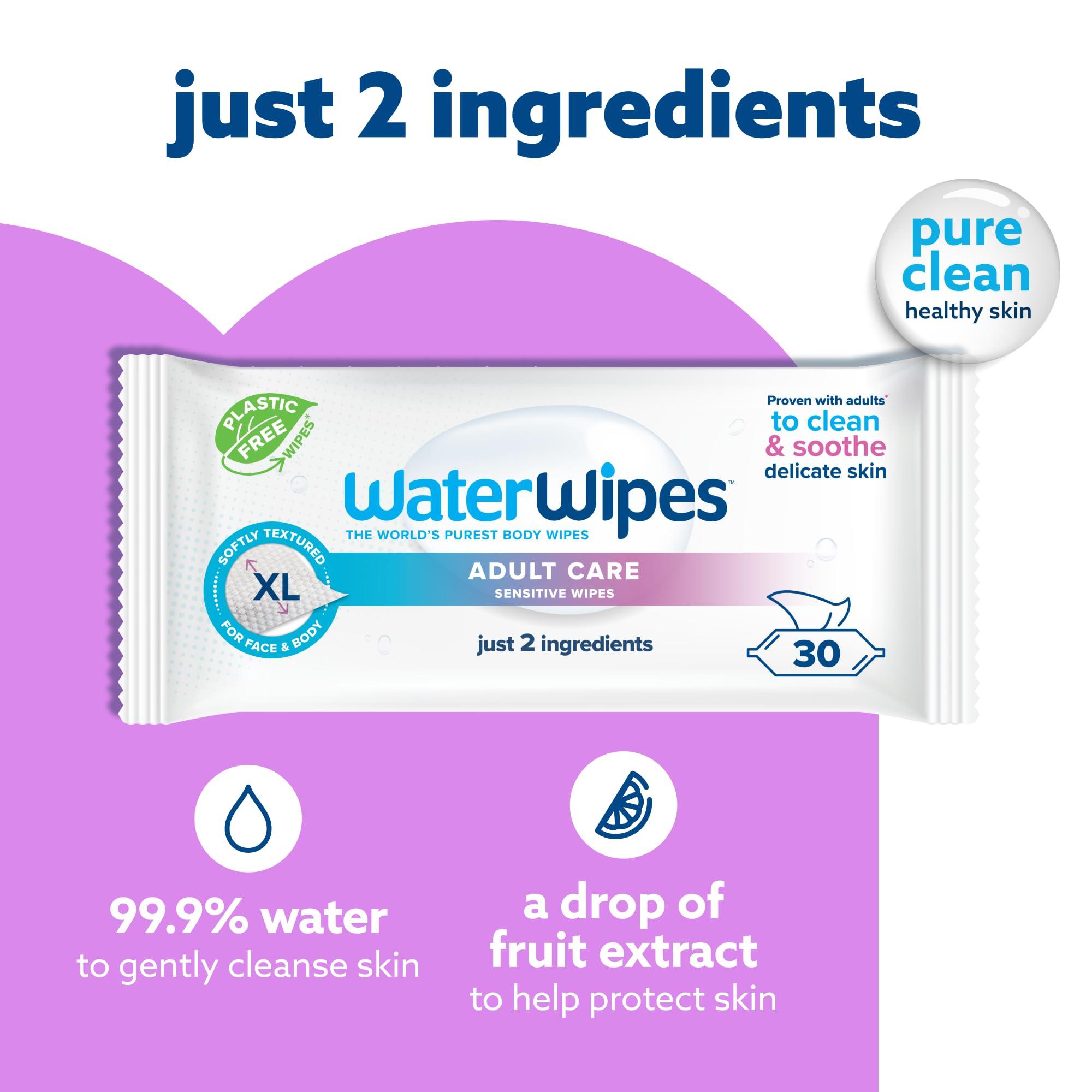 WaterWipes WaterWipes Adult Care Sensitive Body & Intimate Hygiene Wipes, 90 Wipes (3 Packs), Extra Large Textured, 99.9% Water-Based, For Everyday Personal Uses