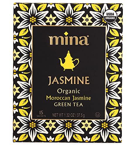 Mina Mina Organic Moroccan Jasmine Green Tea, 15 Biodegradable Sachets, Jasmine Scented Green Tea Bags with Enchanting Floral Essence, Refreshing Aroma, Enjoy Hot or Iced
