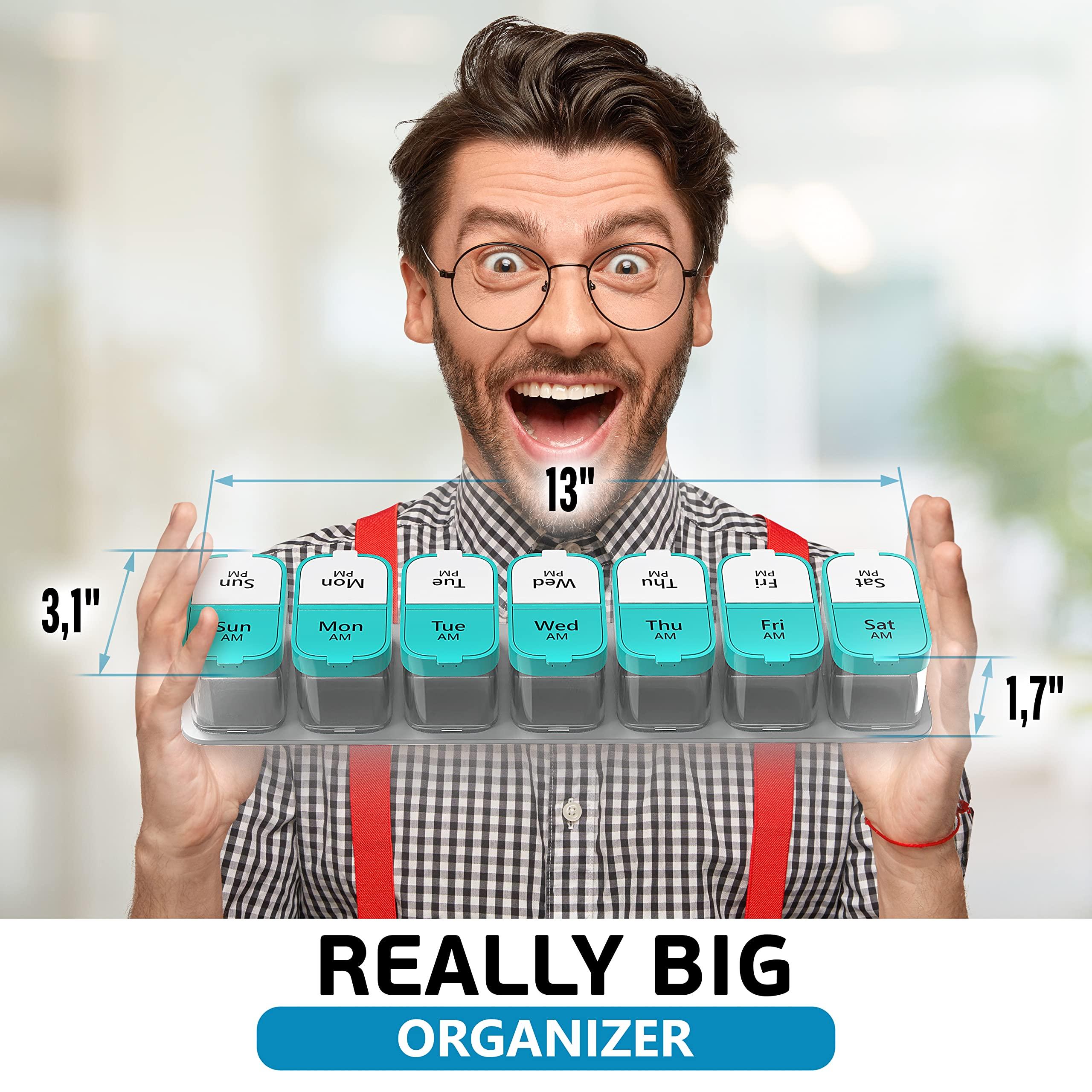 BEXEEN Extra Large Weekly Pill Organizer - XL Daily Pill Box - 7 Day Am Pm Pill Case Jumbo Pill Container for Supplements Big Pill Holder Twice A Day Oversized (Mint/White)