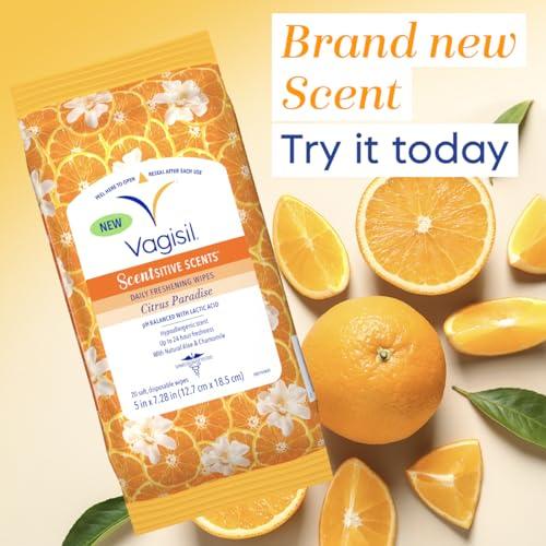 Vagisil Vagisil Scentsitive Scents Daily Feminine Intimate Wipes for Women, Gynecologist Tested, Citrus Paradise, 20 Wipes in Resealable Pouch (Pack of 1)