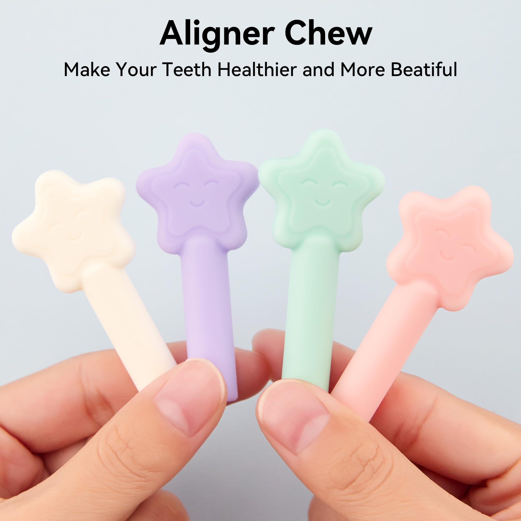 SkyArmor Aligner Chewies for Invisalign, 4-Pack Star Style Silicone Orthodontic Munchies Chompers For Invisalign Braces, Aligners, Retainers (Unflavored, Mint, Taro flavor, Strawberry)