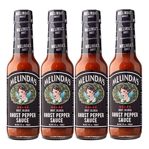 Melinda's Melinda’s Ghost Pepper Hot Sauce - Gourmet Extra Spicy Hot Sauce - Made with Fresh Ingredients, Ghost Peppers (Bhut Jolokia), Habanero Pepper, Carrot, Garlic, Lime Juice - 5oz, 4 Pack