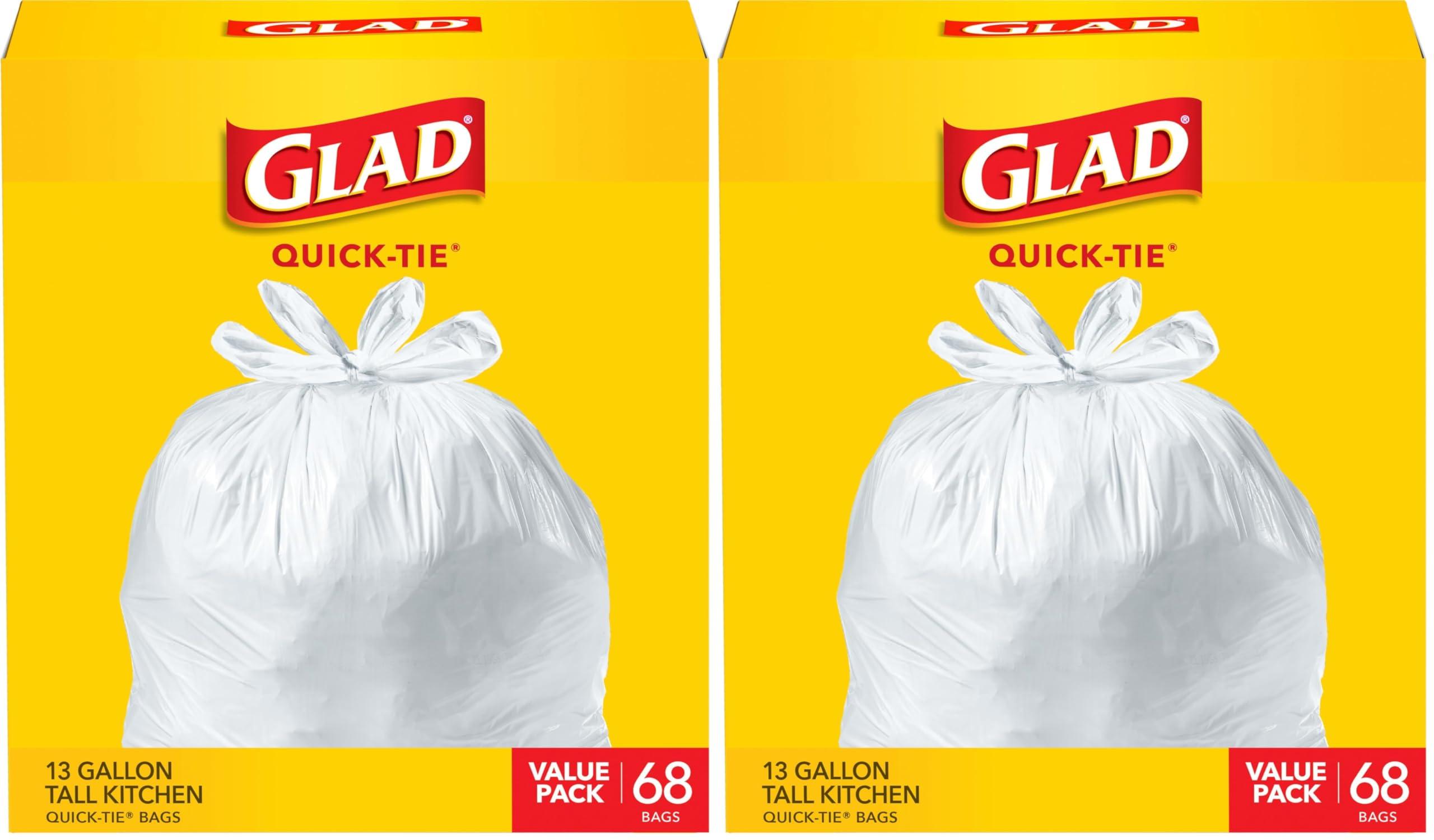 Glad Glad Tall Kitchen Quick-Tie Trash Bags, 13 Gallon, White, 68 Count, Pack May Vary (Pack of 2)