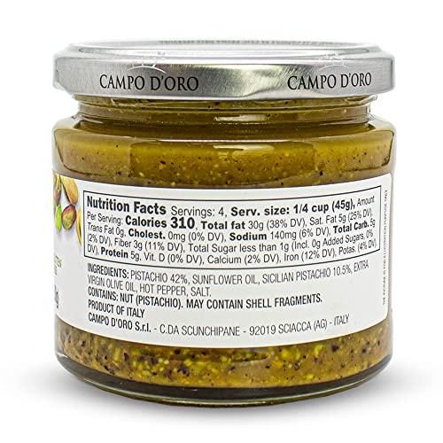 CAMPO D'ORO Pistachio Pesto, Paste, UnSweetened, Sicilian Pesto Sauce, Savory, Creamy, Spreadable, 6.35oz, Sicily, Italy. By Campo D\'Oro
