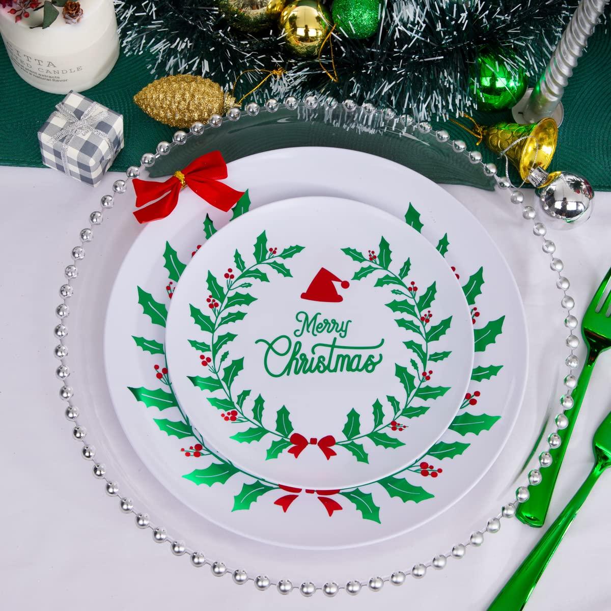 DaYammi DaYammi 60 PCS Christmas Plates White and Green Plastic Plates Red and Green Christmas Disposable Party Plates Include: 30 Christmas Dinner Plates 10.25\", 30 Dessert Plates 7.5\" for Christmas Party