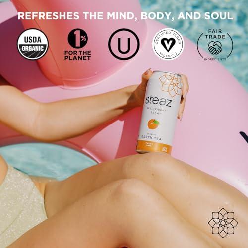 Steaz Steaz - Organic Green Tea - Peach Flavored (12 Pack) - Antioxidant Brew - 65mg Natural Caffeine, 90 Calories, Vitamin C - Cane Sugar Sweetened Iced Tea - Vegan, Fair Trade - 12 Cans, 16 fl oz (473mL)