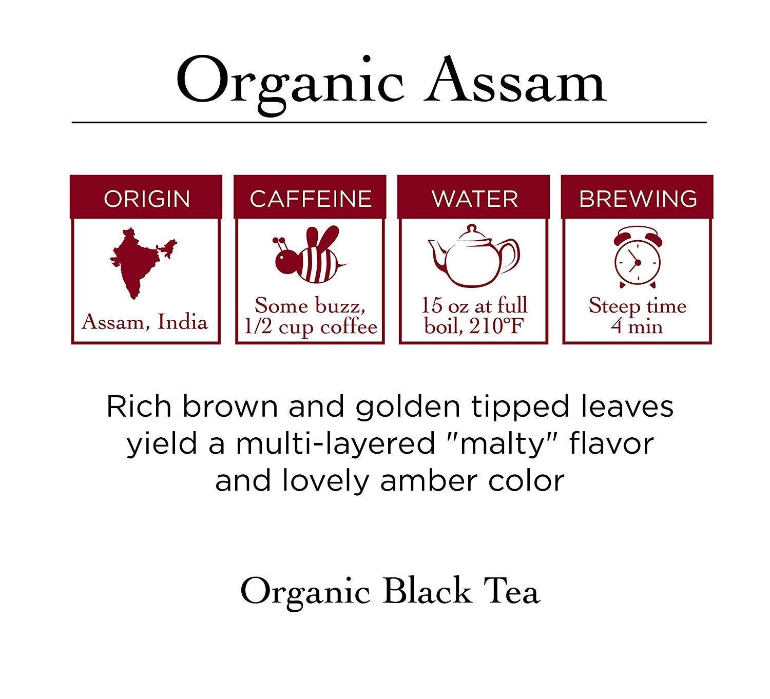 Two Leaves and a Bud Two Leaves and a Bud Organic Assam Black Tea Bags, Whole Leaf Caffeinated Black Tea in Compostable Sachets, Delicious Plain or with Milk, 15 Count (Pack of 6)