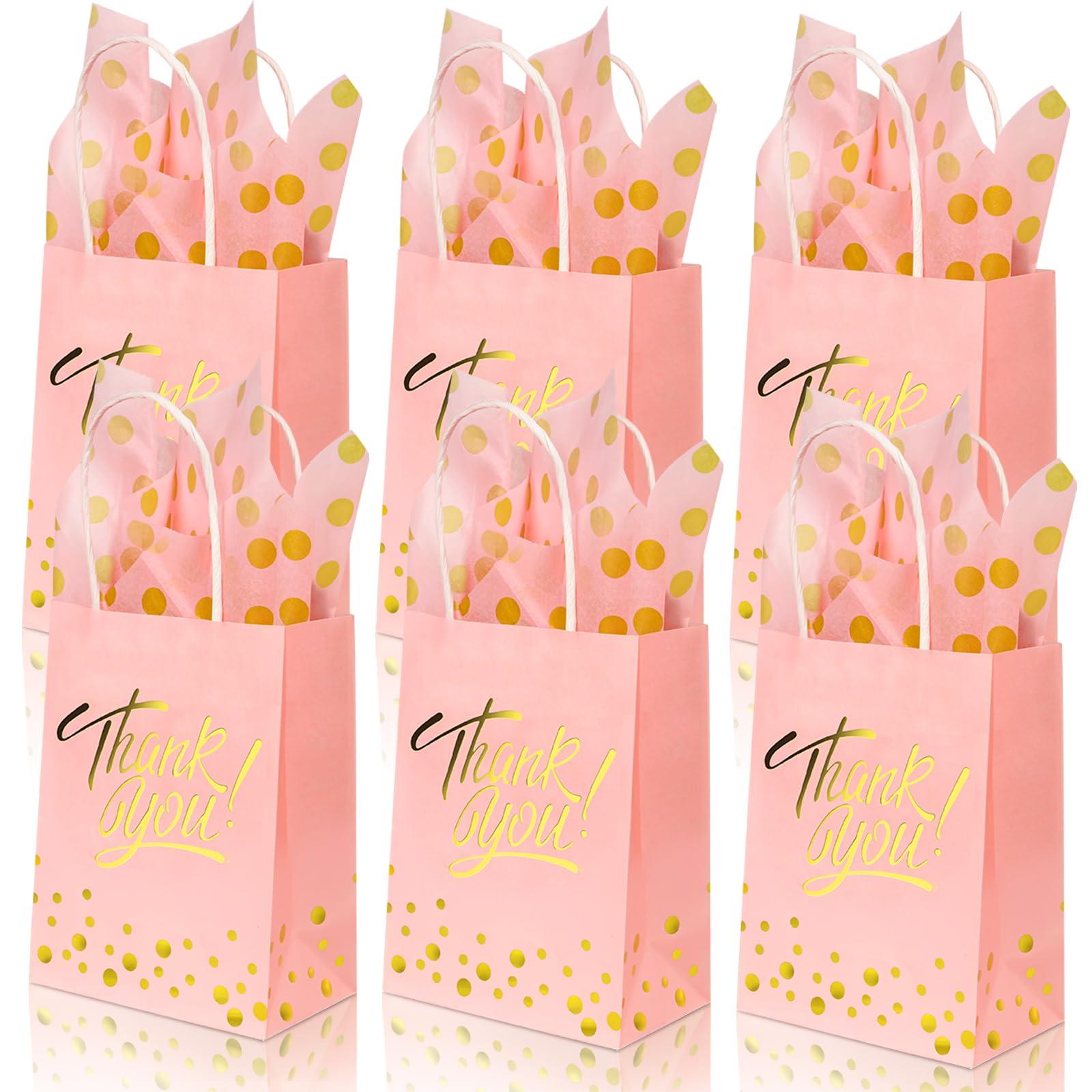 EQOREIIN EQOREIIN 25 Pack Gift Bags with Handles 8.3x6x3.1 Inches Thank You Gift Bags Party Favor Bags Kraft Paper Goodie Bags with Bow Ribbon for Mother\'s Day, Baby Shower, Graduation, Birthday(Pink)