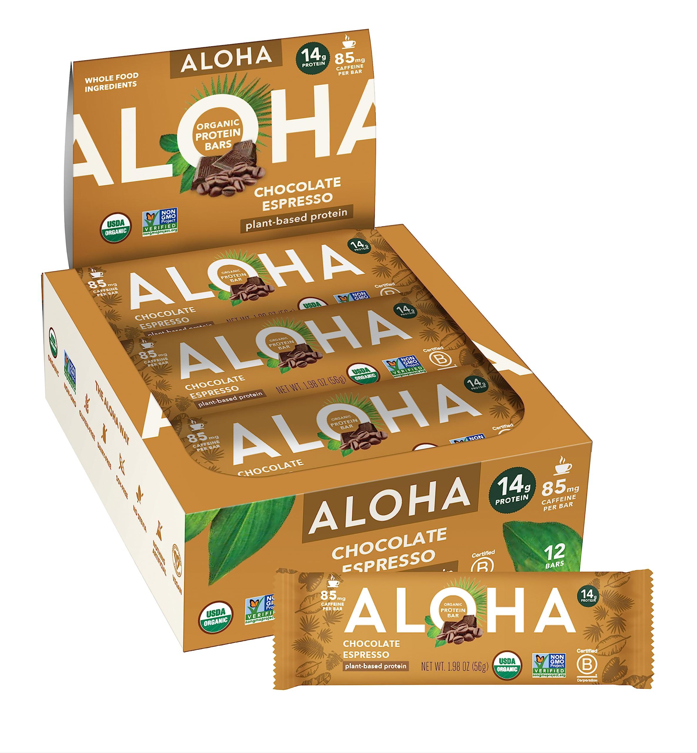 ALOHA ALOHA Organic Plant Based Protein Bars - Chocolate Espresso (85mg Caffeine) - 12 Bars, Vegan, Low Sugar, Gluten-Free, Paleo, Low Carb, Non-GMO, No Stevia, No Erythritol
