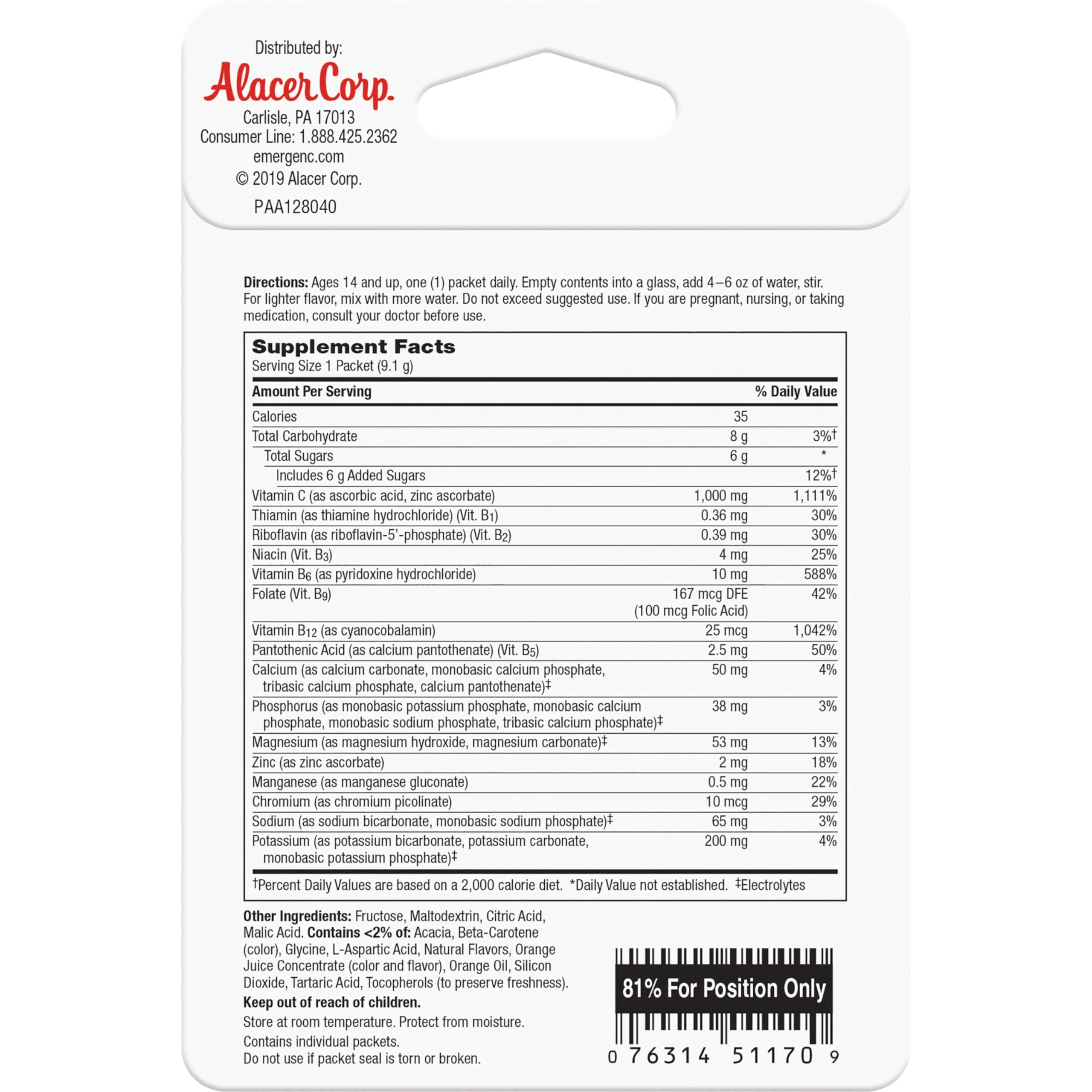 Emergen-C Emergen-C 1000mg Vitamin C Powder for Daily Immune Support Caffeine Free Vitamin C Supplements with Zinc and Manganese, B Vitamins and Electrolytes, Super Orange Flavor - 2 Count