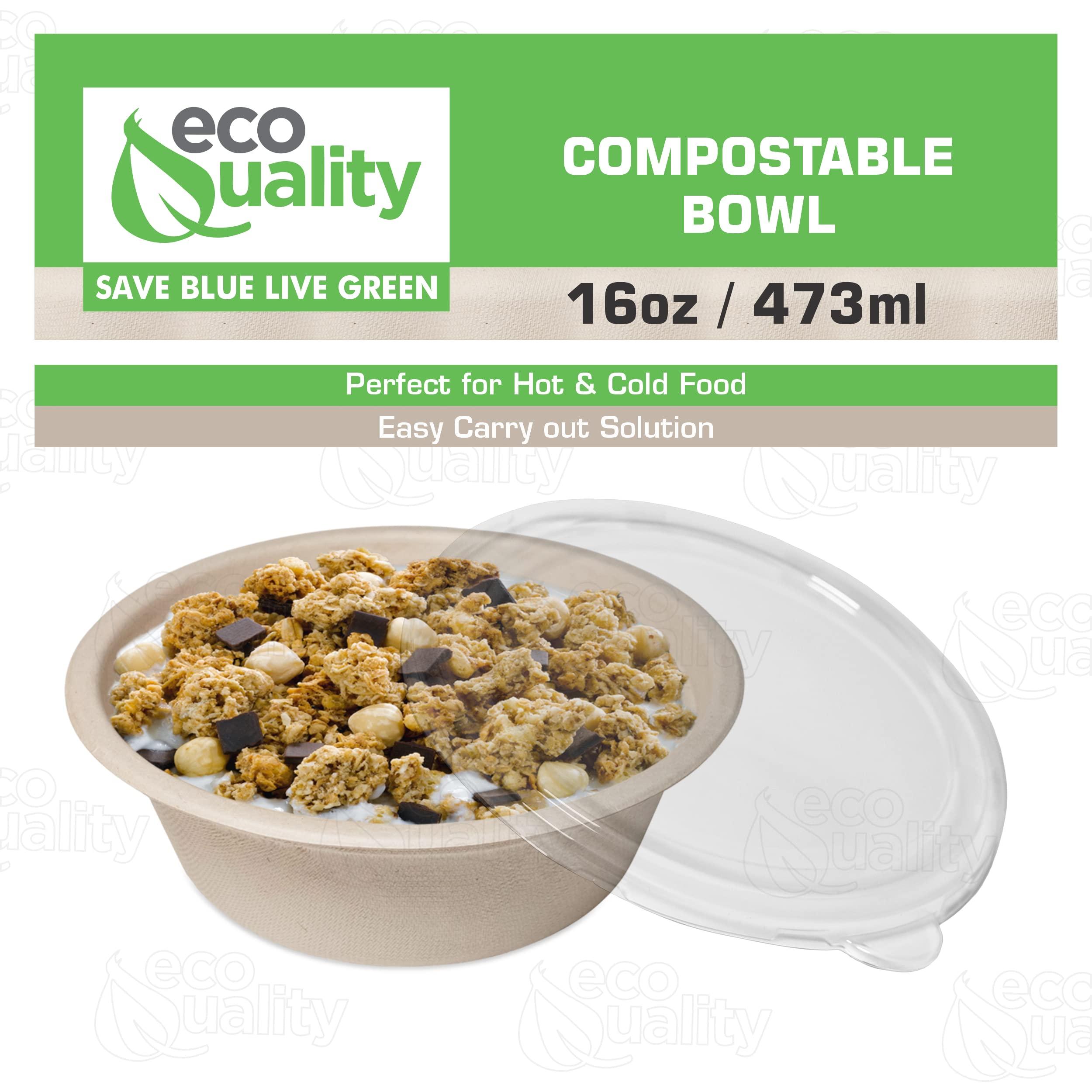 EcoQuality [100 Pack] 16 oz Compostable Paper Bowls with Lids Heavy-Duty Disposable Bowls, Eco-Friendly Natural Bagasse Unbleached, Hot or Cold Use, 100% Biodegradable Soup Bowls Sugarcane