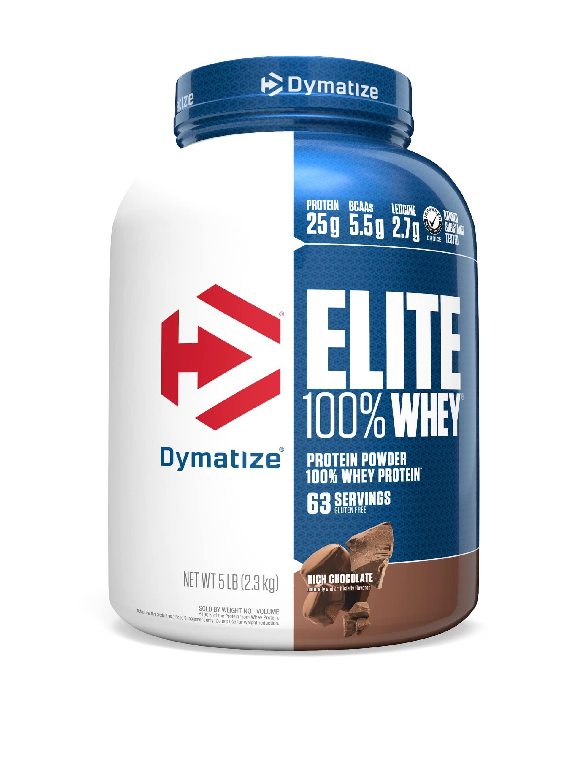 Dymatize Dymatize Elite 100% Whey Protein Powder, 25g Protein, 5.5g BCAAs & 2.7 L-Leucine, Quick Absorbing & Fast Digesting for Optimal Muscle Recovery, Rich Chocolate, 5 Pound, 63 Servings
