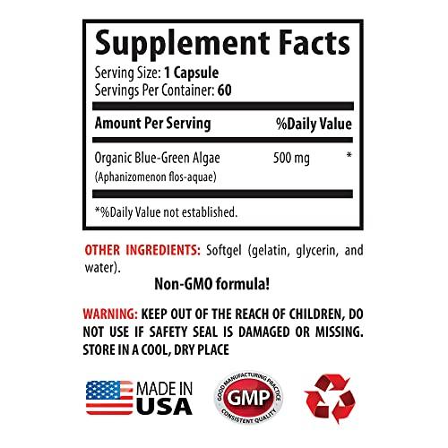 Sport Supplement Pure Herbal Supplement - Klamath Blue Green Algae 500mg - Increase Energy Levels, Improve Digestion and Enhance Immune System, spirulina, chlorella, Klamath Blue Green Algae Powder - 1B 60 Capsules