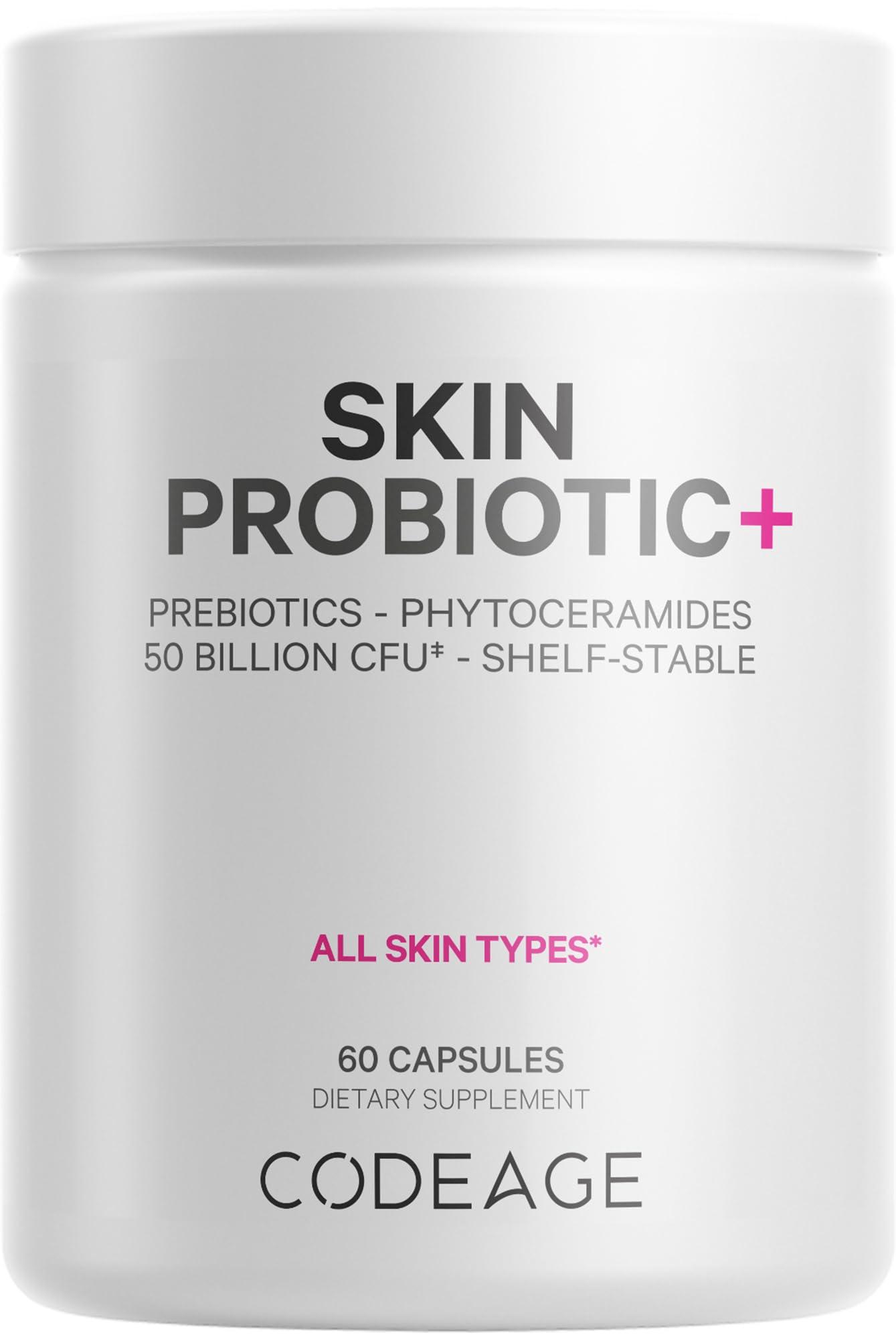 Codeage Codeage Skin Probiotics + Prebiotics - Skin Care Routine Supplement - 50 Billion CFU - Ayurvedic Botanical Herbs - Face Probiotics - Shelf Stable Cleanser, Non-GMO, Vegan - 60 Capsules