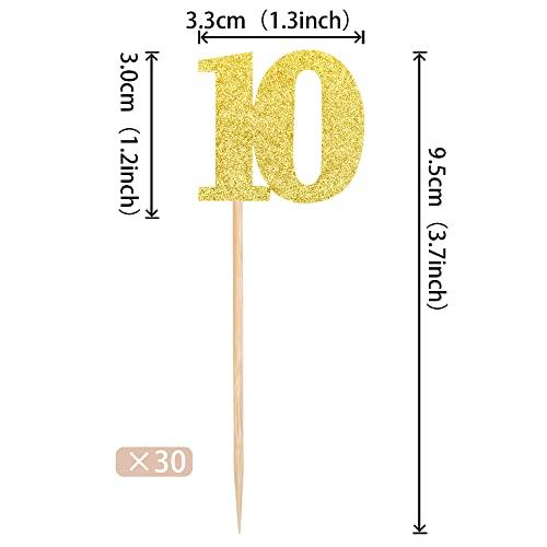 ZHUOWEISM 30 PCS Number 10 Cupcake Toppers Glitter Cheers to 10 years Old Birthday Cupcake Picks 10th Birthday Wedding Anniversary Party Cake Decorations Supplies Gold