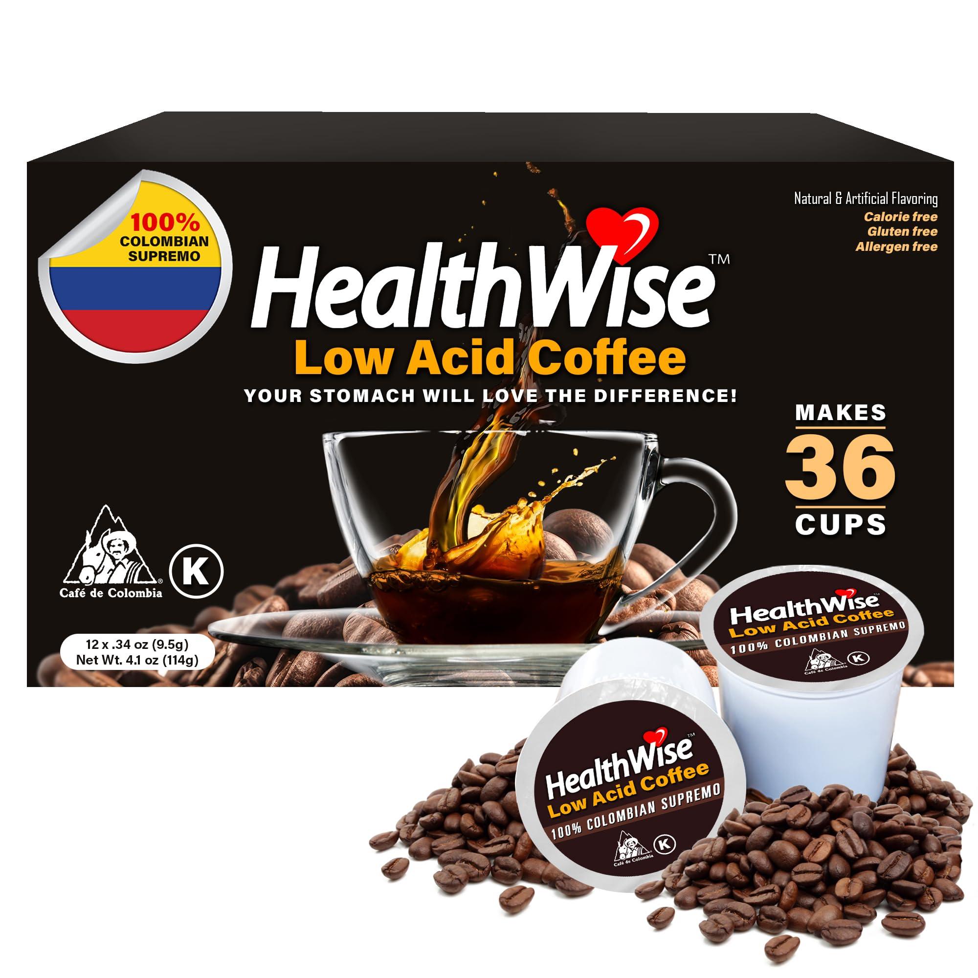 HealthWise Coffee Healthwise Low Acid 100% Colombian Coffee K-Cups Medium Roast, Healthier Coffee for Sensitive Stomach (Unflavored) 36 Count (Pack of 3)