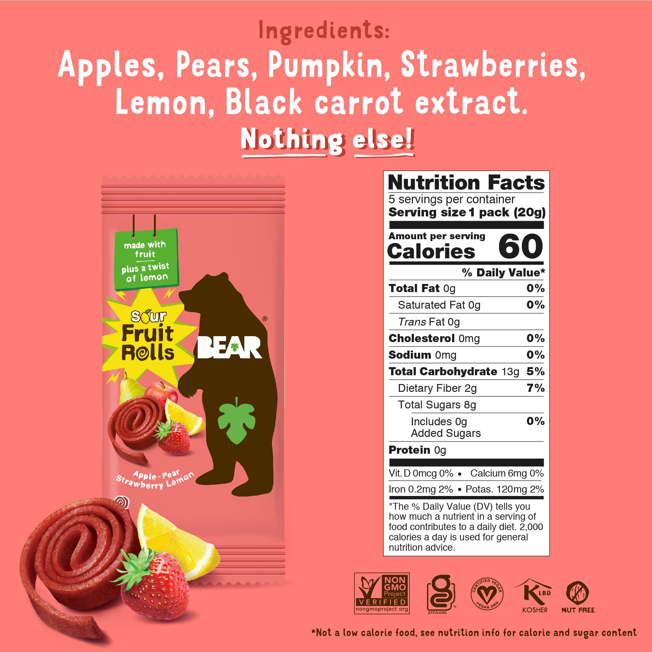 BEAR BEAR Sour - Real Fruit Yoyos - Strawberry-Apple - 0.7 Ounce (5 Count) - No added Sugar, All Natural, non GMO, Gluten Free, Vegan - Healthy on-the-go snack for kids & adults