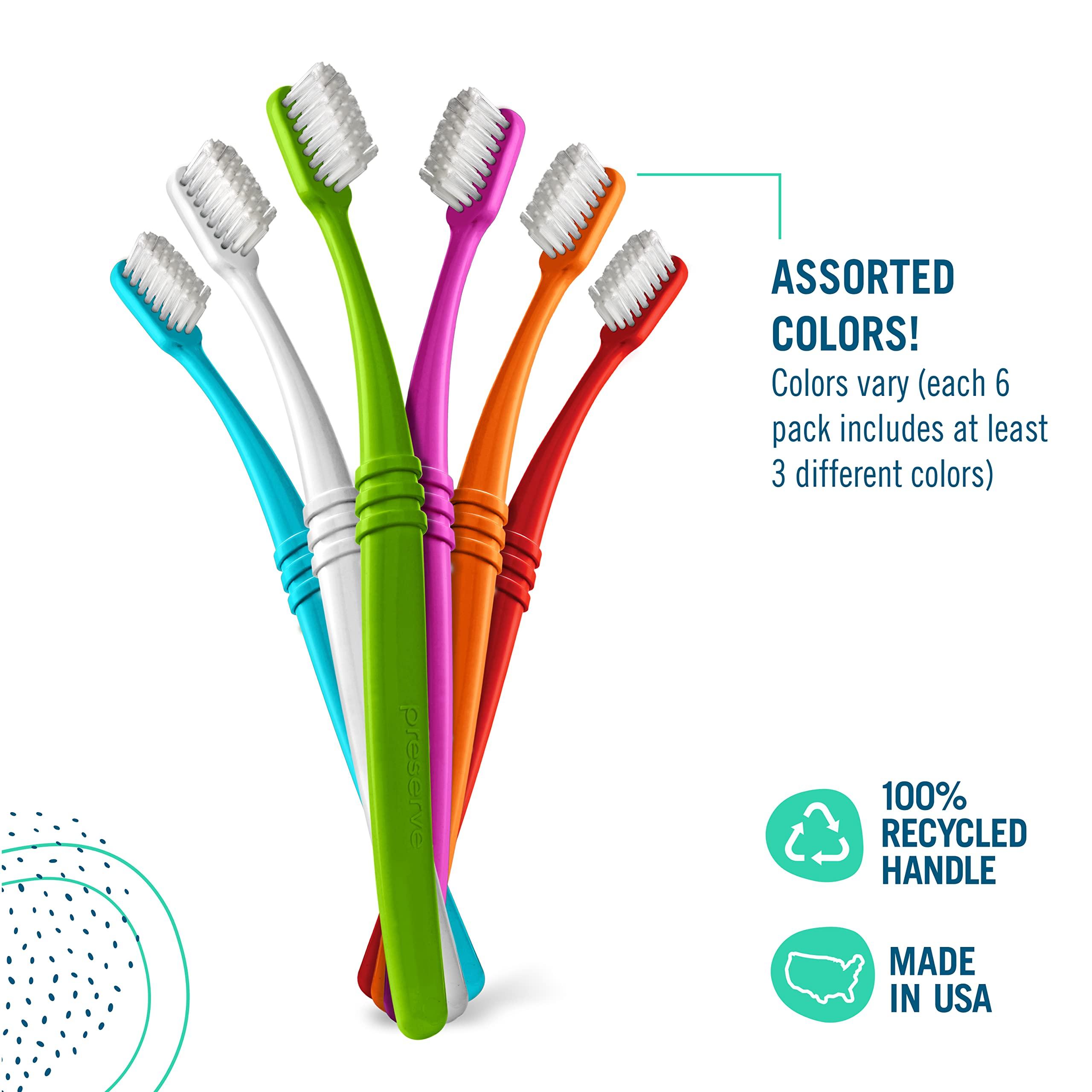 Preserve Preserve Eco Friendly Adult Toothbrushes, Made in The USA from Recycled Plastic, Ultra Soft Bristles, Paperboard Package, Colors Vary, 6 Count