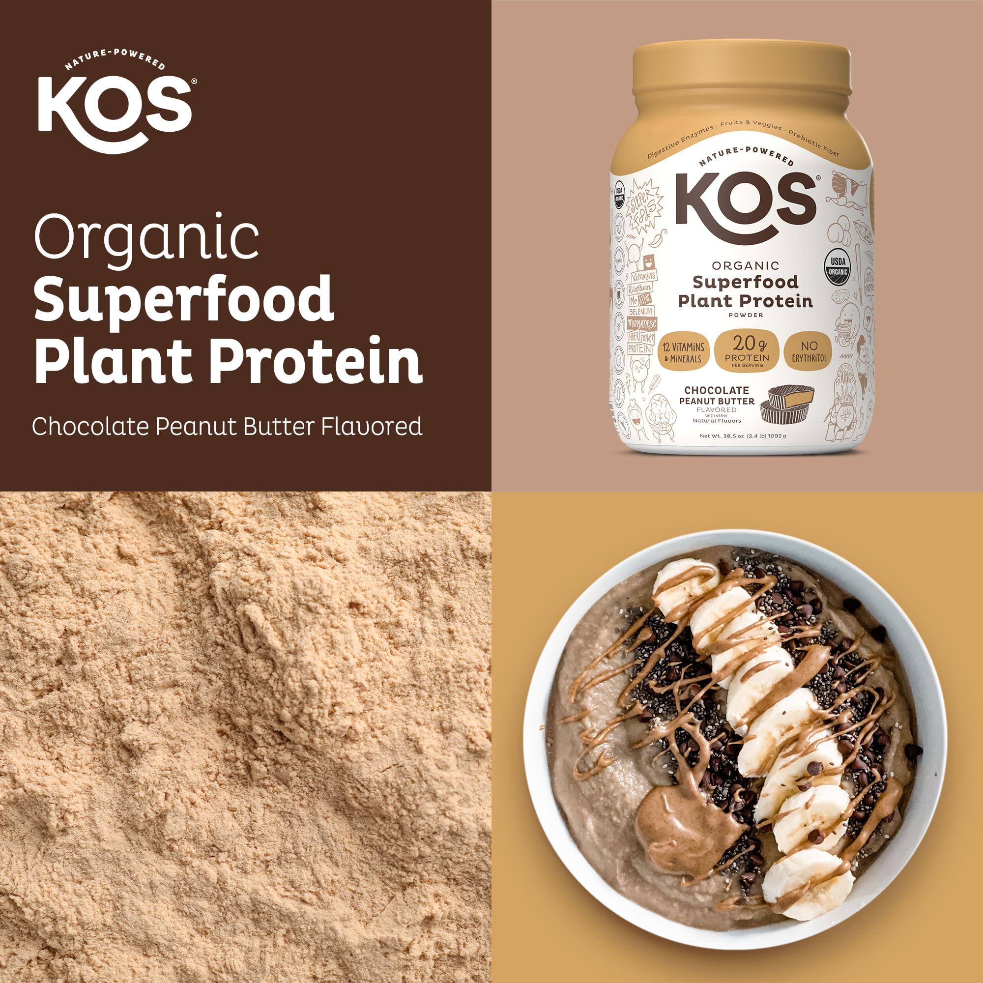 KOS KOS Organic Plant Based Protein Powder, Chocolate Peanut Butter - Delicious Vegan Protein Powder Meal Replacement - Keto Friendly, Gluten Free, Dairy Free & Soy Free - 2.4 lbs, 28 Servings
