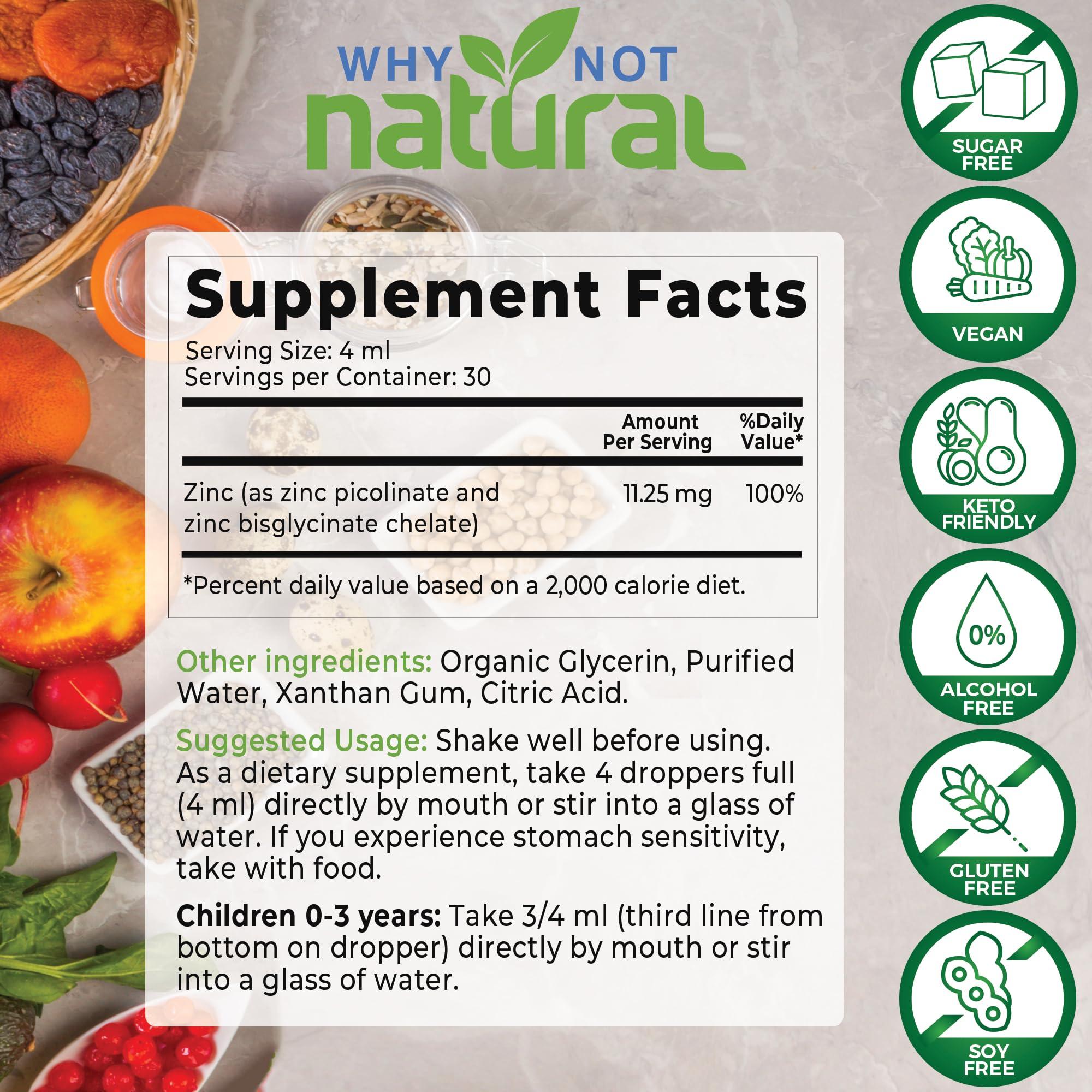 Why Not Natural Organic Liquid Zinc Drops Supplement with Chelated Zinc Picolinate and Bisglycinate, USDA Organic and Vegan