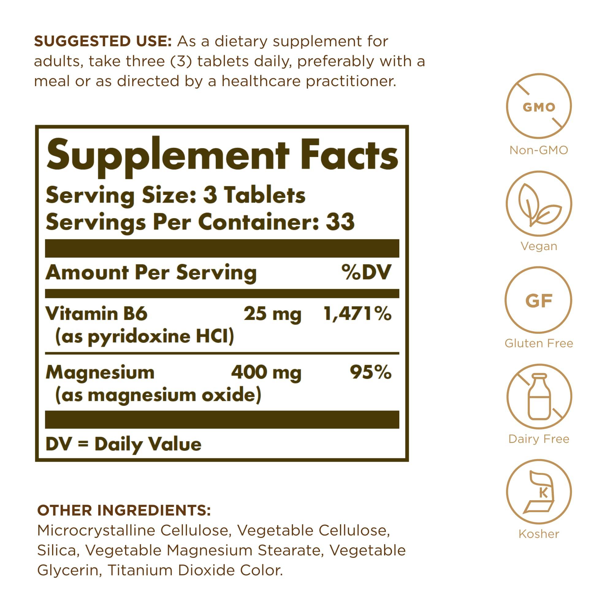 Solgar Solgar Magnesium with Vitamin B6 - 100 Tablets - Promotes Healthy Bone Mineralization, Supports Nerve & Muscle Function - Non-GMO, Gluten Free, Dairy Free, Kosher - 33 Servings