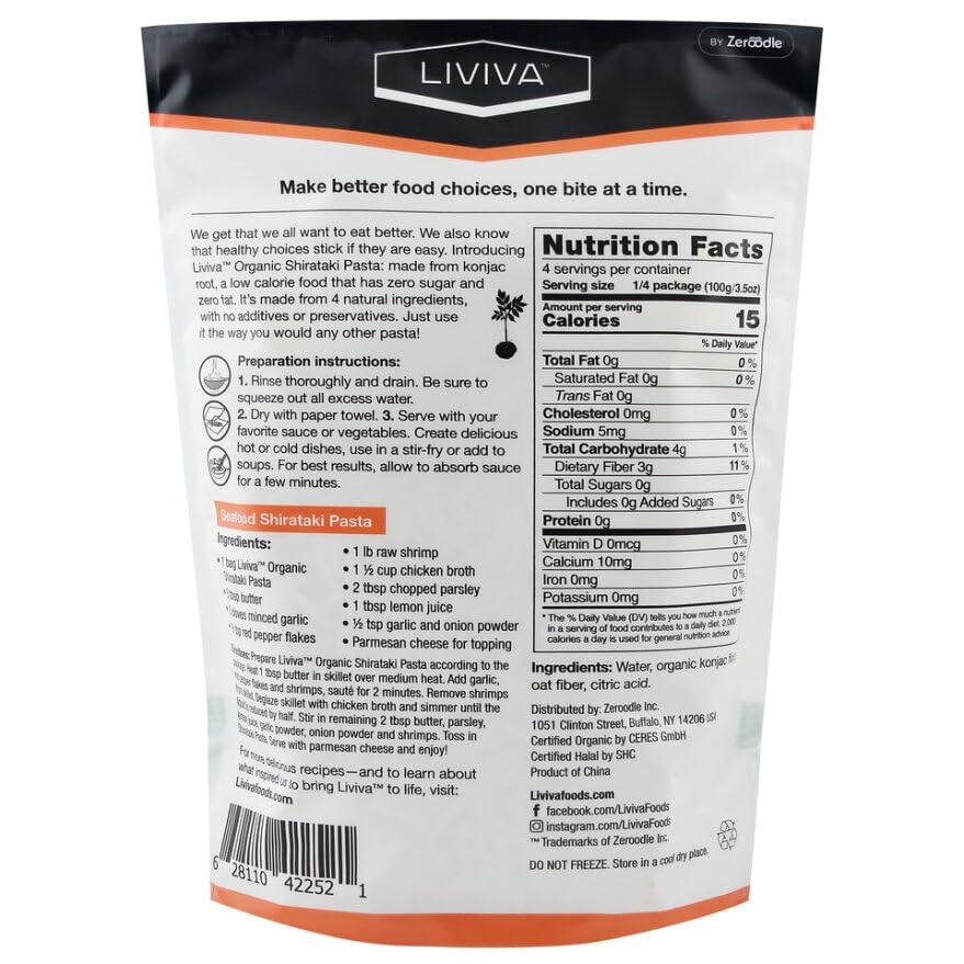 LIVIVA LIVIVA Organic Shirataki Spaghetti with Oat Fiber, Low-Calorie Pasta made from Konjac Root, Non-GMO, Gluten Free and Keto Certified, 14.11 Ounce (Pack of 4)