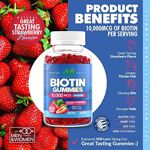 Just Nutrients Biotin 10,000mcg Gummies for Women & Men (100 Count) - 2x Extra Strength Biotin for Hair Growth, Skin & Nails - Gluten-Free, Vegan, Non-GMO, Great Tasting Strawberry Flavor - 100 Gummies