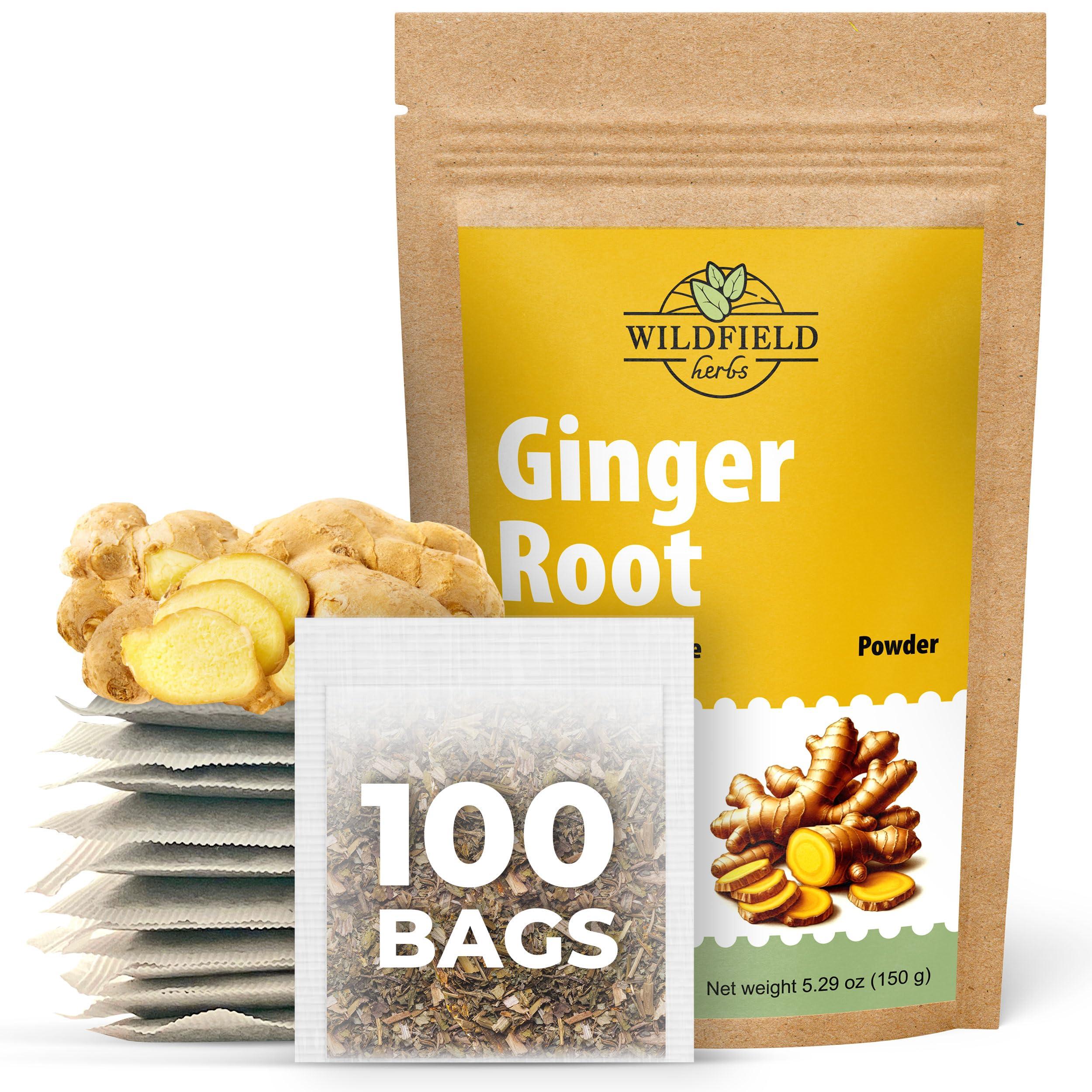 WILDFIELD HERBS 100 Ginger Tea Bags Ginger Root Tea Dry Dried Herb (Zingiber officinale) - 100 Count 1.5g Tea Bags Ginger Raz de jengibre