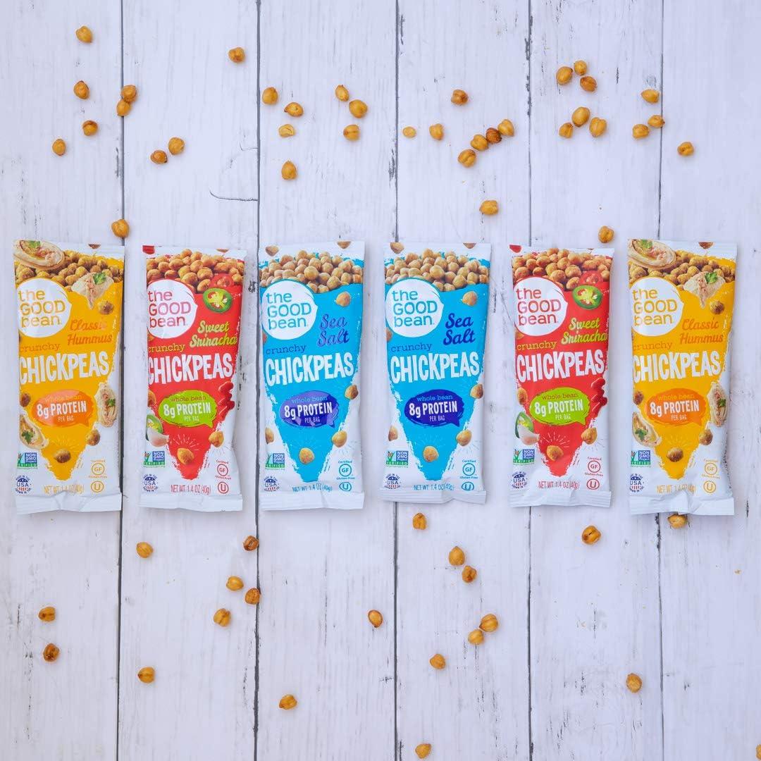 The Good Bean The Good Bean Crunchy Chickpeas - Variety Pack - (10 Pack) 1.4 oz Packet - Sweet Sriracha, Sea Salt, and Classic Hummus Roasted Chickpea Beans - Vegan Snack with Good Source of Plant Protein and Fiber