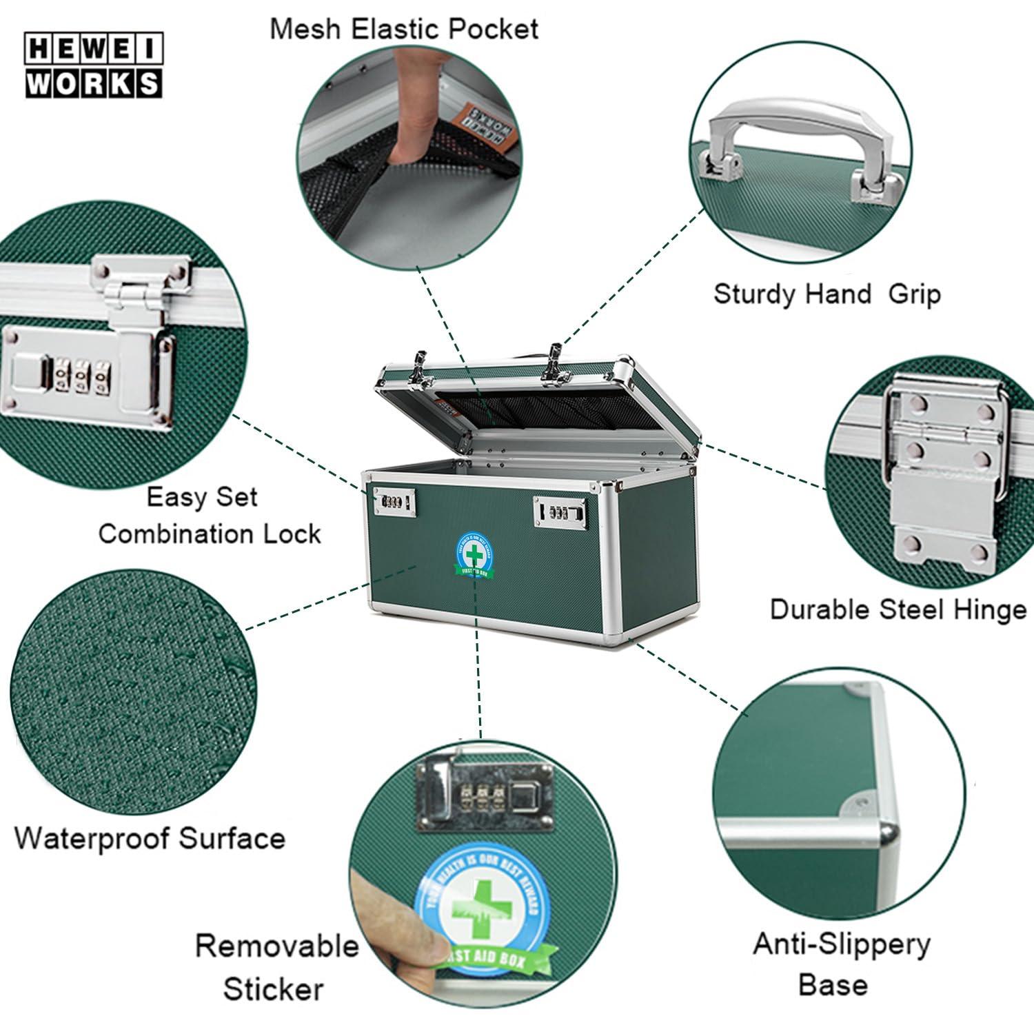 HEWEI WORKS Locking Box with Portable Storage Case, 14.2\'\'x 7.2\'\'x 8.2\'\', Childproof Medicine Organizer with Combination Lock, Lockbox for Money, Documents & Meds Secure Cash, ID Documents (Green/Large)