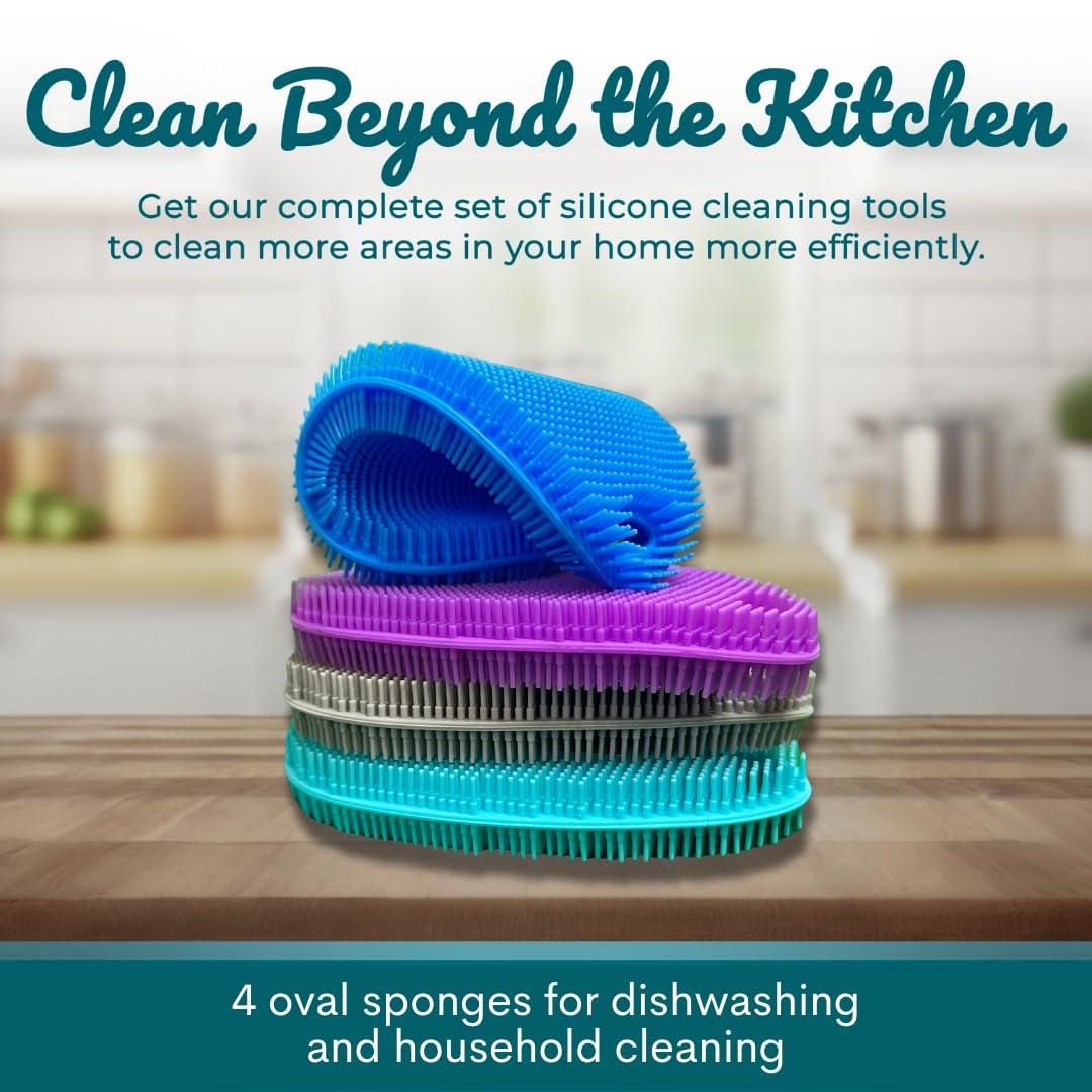 Asiopphire Silicone Sponge Dish Scrubber - Food Grade Silicone Dish Scrubber and Housecleaning - BPA Free Silicone Kitchen Scrubber [4 Pack Ovals]
