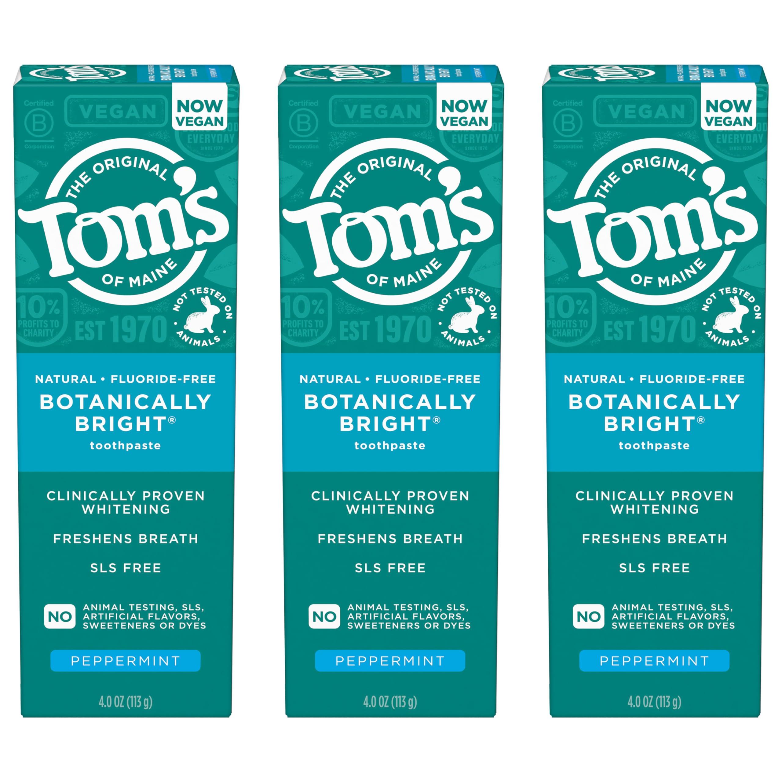 Tom\'s of Maine Toms of Maine Botanically Bright Natural Whitening Toothpaste, Fluoride Free and SLS Free, Vegan, Peppermint, 3 Pack, 4.0 Oz