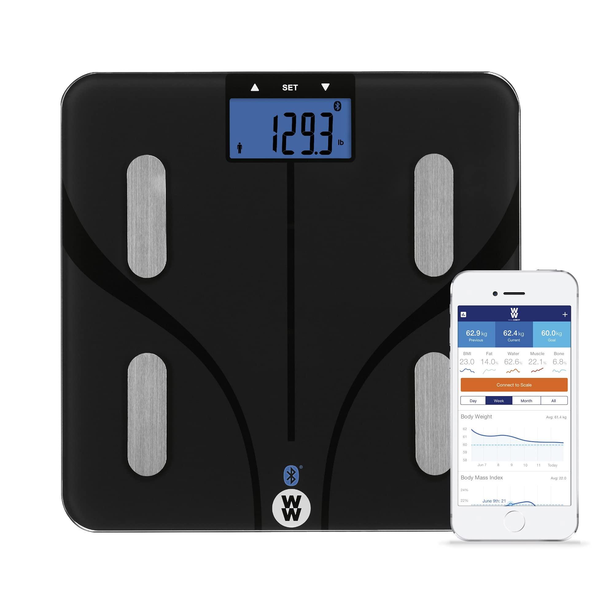 Conair Weight Watchers Scales by Conair Smart Scale for Body Weight, Digital Bluetooth Smart Bathroom Scale with Body Fat, Muscle, and BMI in Black