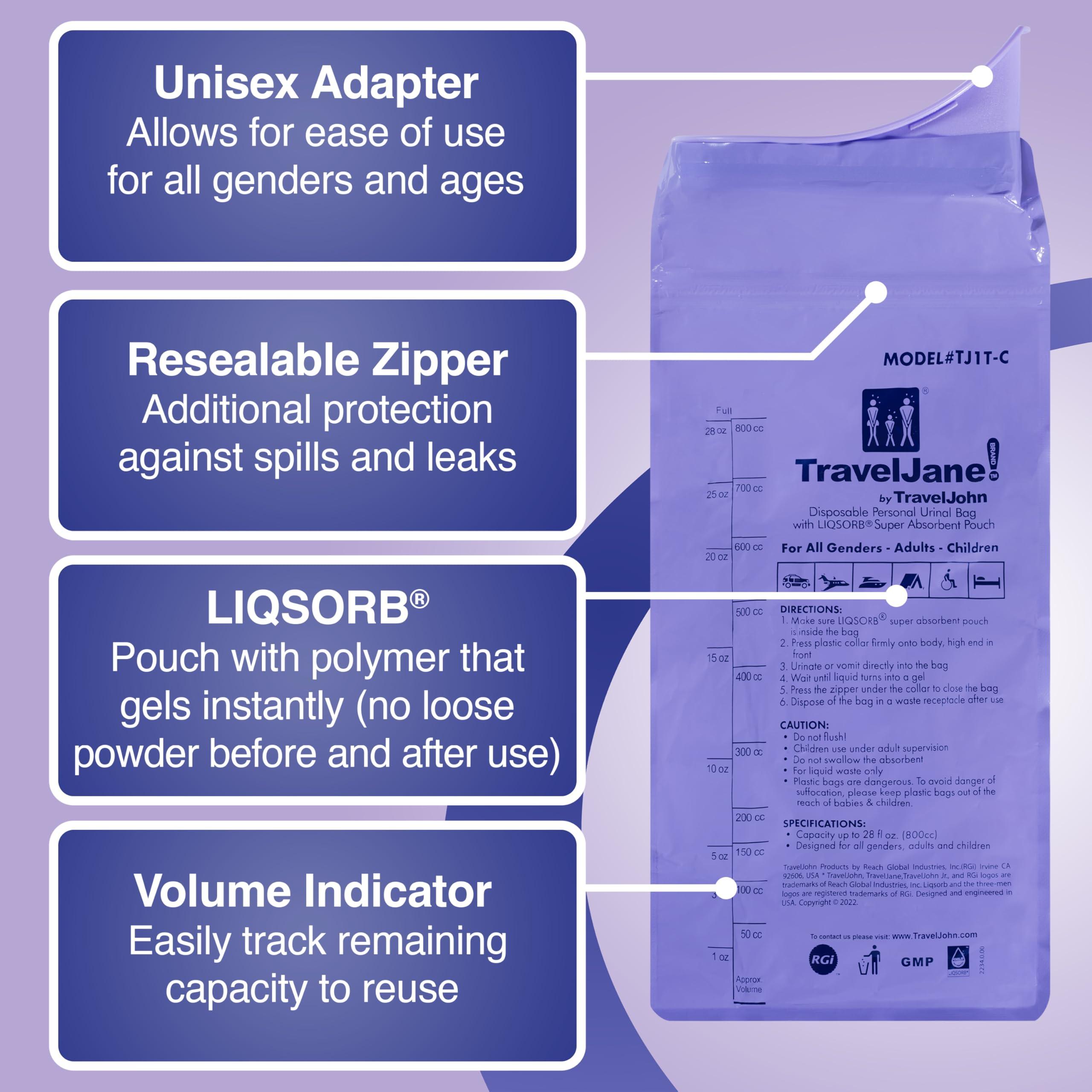 TravelJohn TravelJane Resealable Disposable Urinal for All Genders, Adults, and Children (6 Pack) Designed for Emergencies, Travel, Camping, Long Car Rides and More - 28oz/800ml Capacity (TJ1T-C)