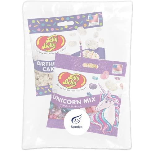 Needzo Birthday Cake and Unicorn Mix Flavored Jelly Beans, Girls Celebration Kit Gourmet Chewy Candy for Boys and Girls, Shareable Bagged Candies, Pack of 2, 3.5 Ounces