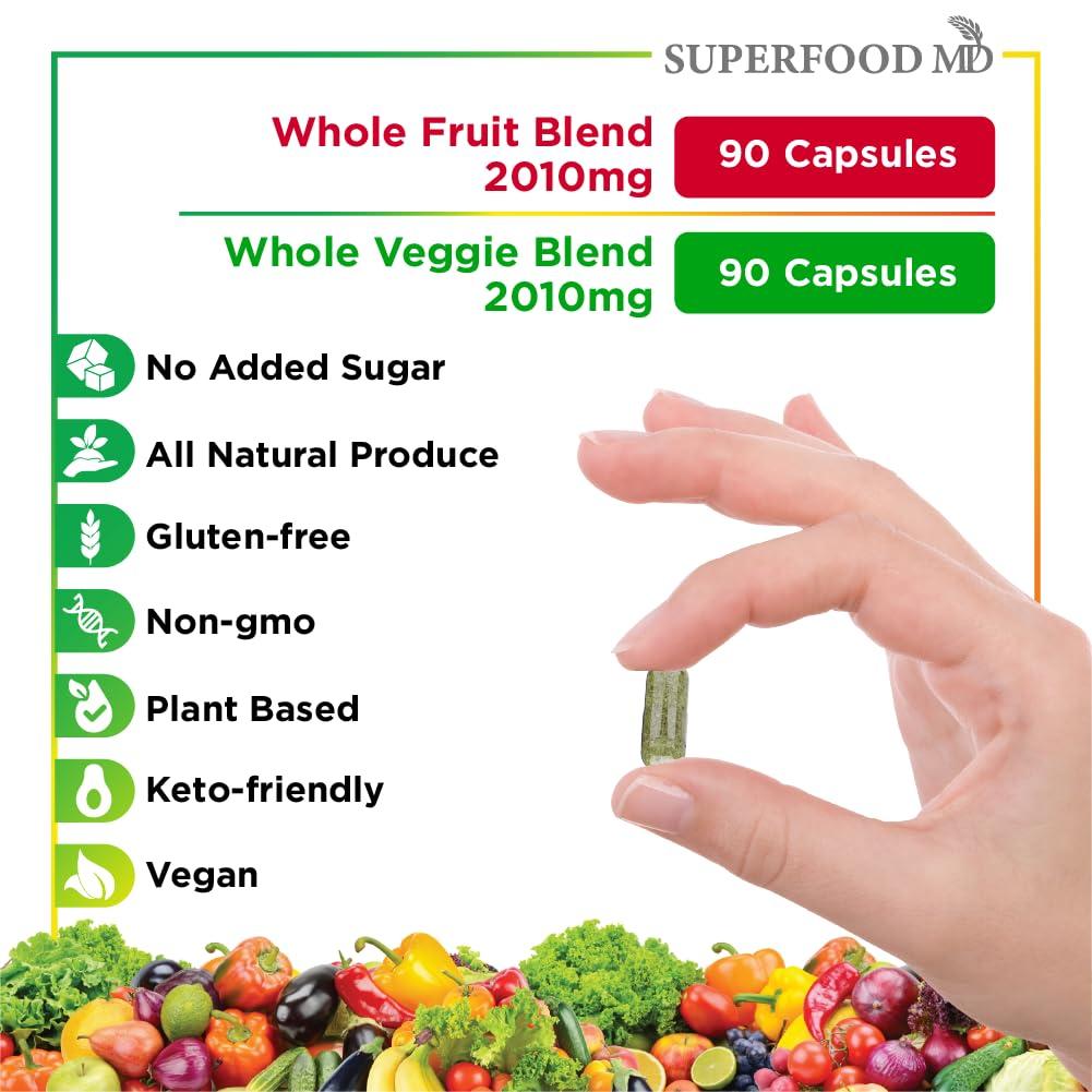 Superfood MD Superfood MD Fruits and Veggies Supplement - 90 Fruit and 90 Veggie Capsules - Supports Energy Balance, High Lycopene, Vitamins & Minerals -Made in The USA - 90 Count (Pack of 2)
